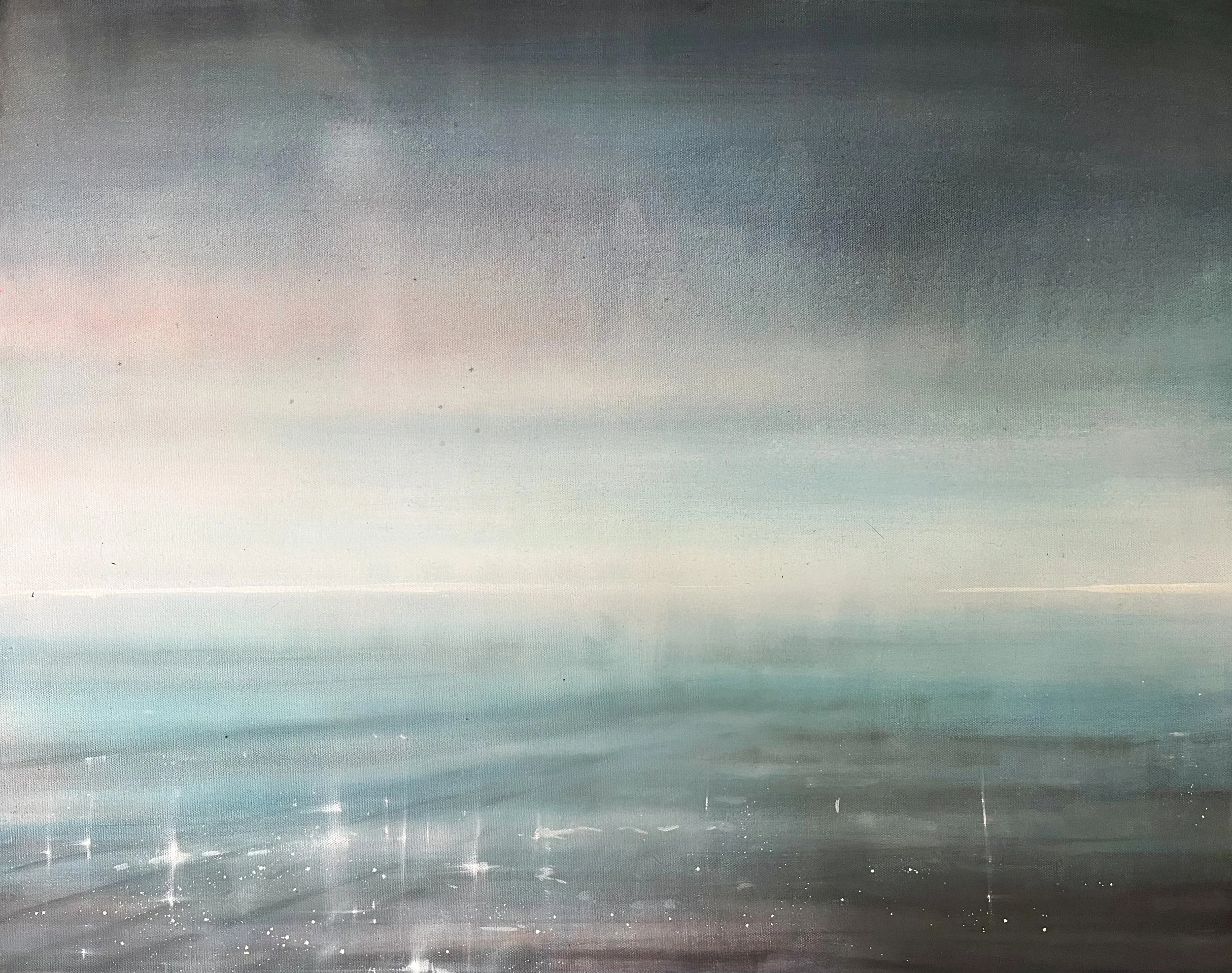 A serene seascape with calm water, gentle ripples, and a pastel-colored sky with clouds.