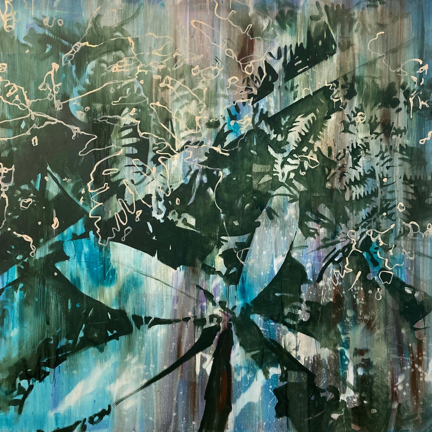 Abstract painting featuring dark green and teal foliage with white scribbles on a multicolored background.