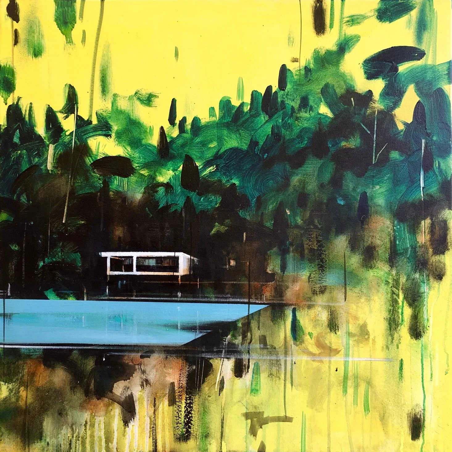 Abstract painting of a modern house next to a swimming pool, surrounded by green trees and a yellow sky.