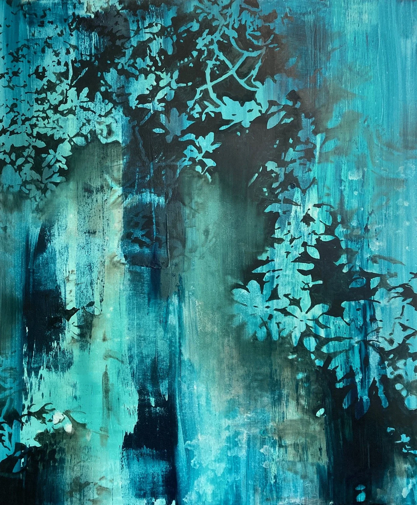 Abstract painting of a waterfall with silhouettes of trees in dark blue and teal tones.