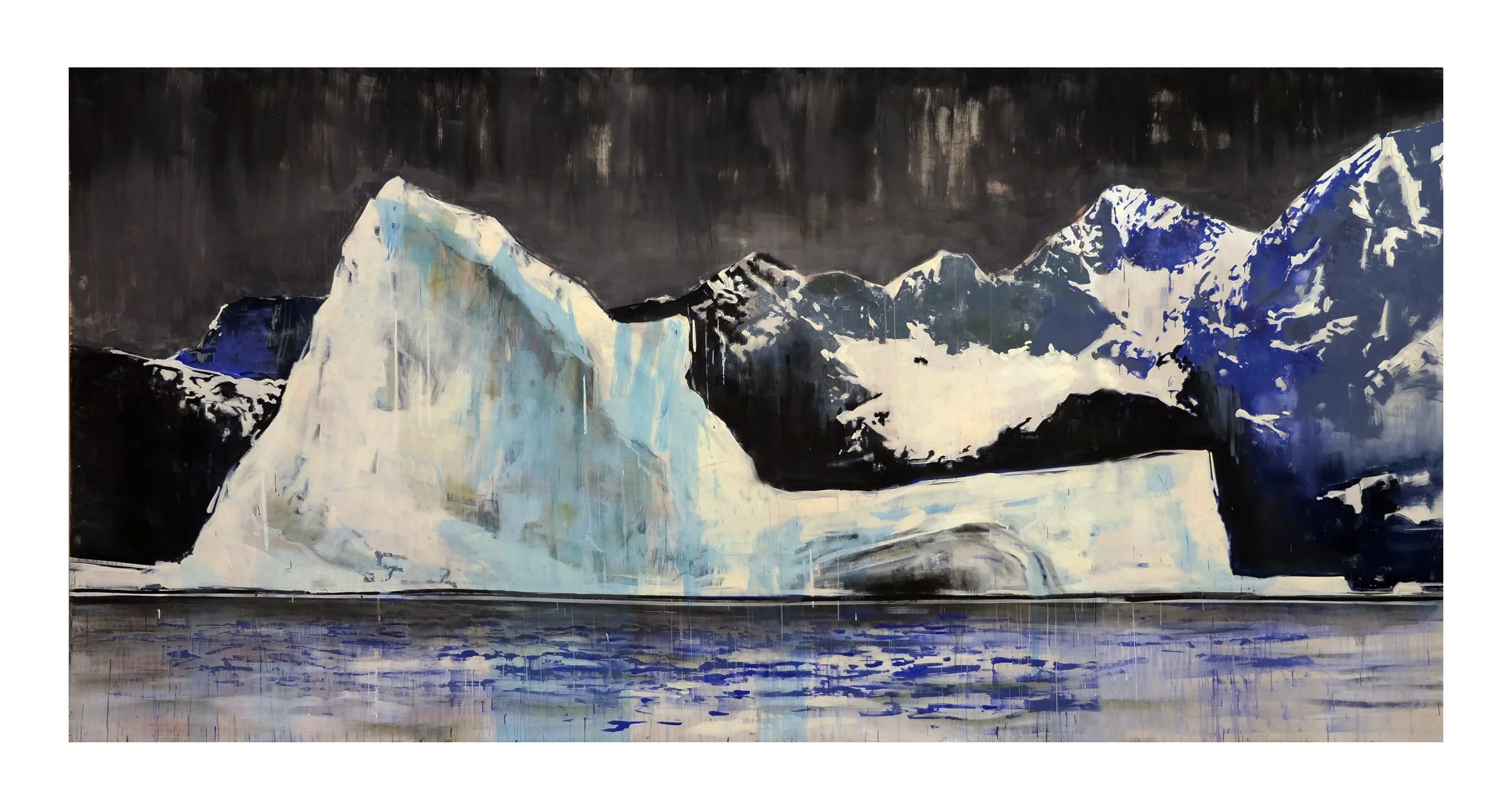 Painting of a glacier with snow-capped mountains and icy water in the foreground, under a dark cloudy sky.