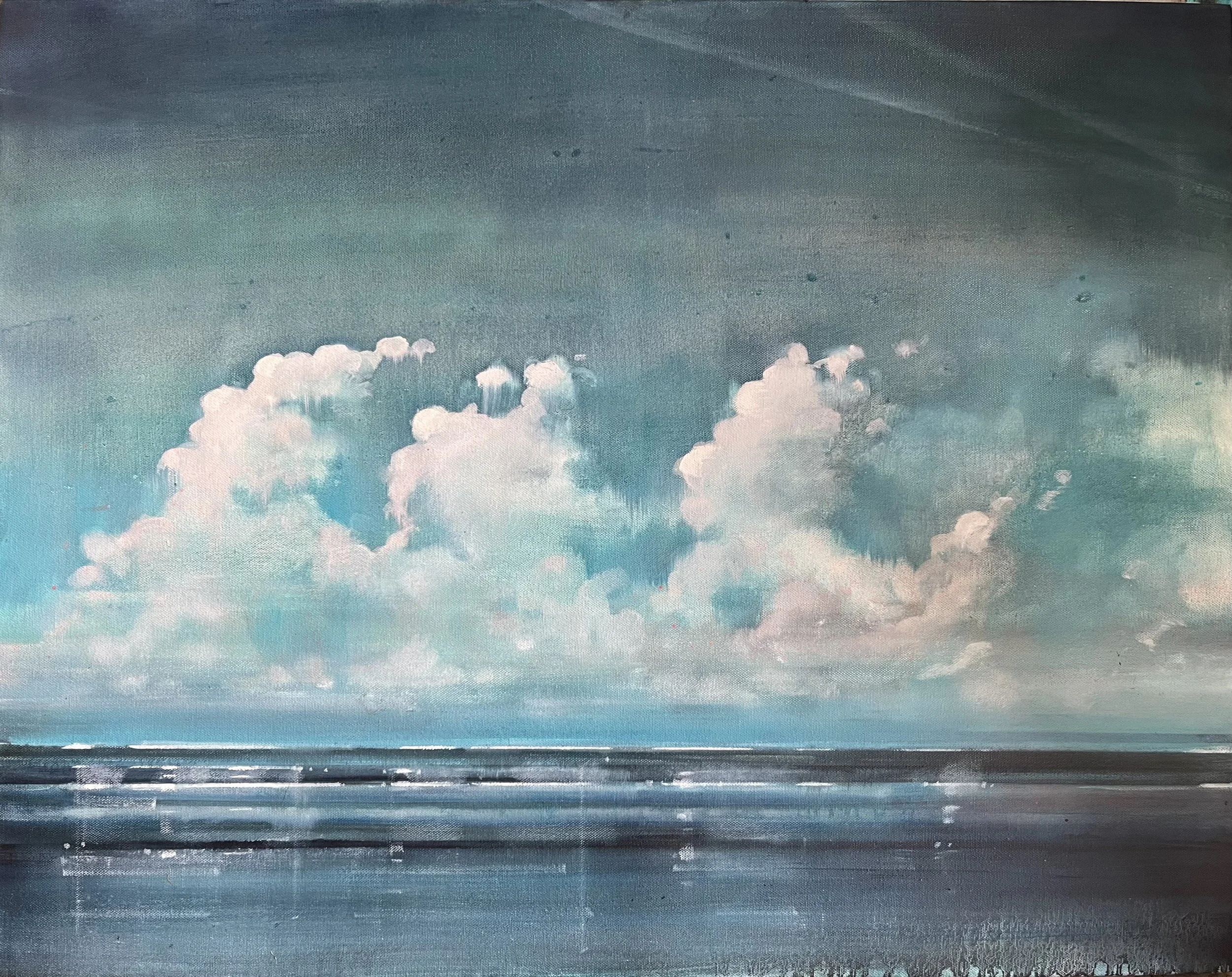 A painting of a cloudy sky over the ocean, with reflections on the water surface.