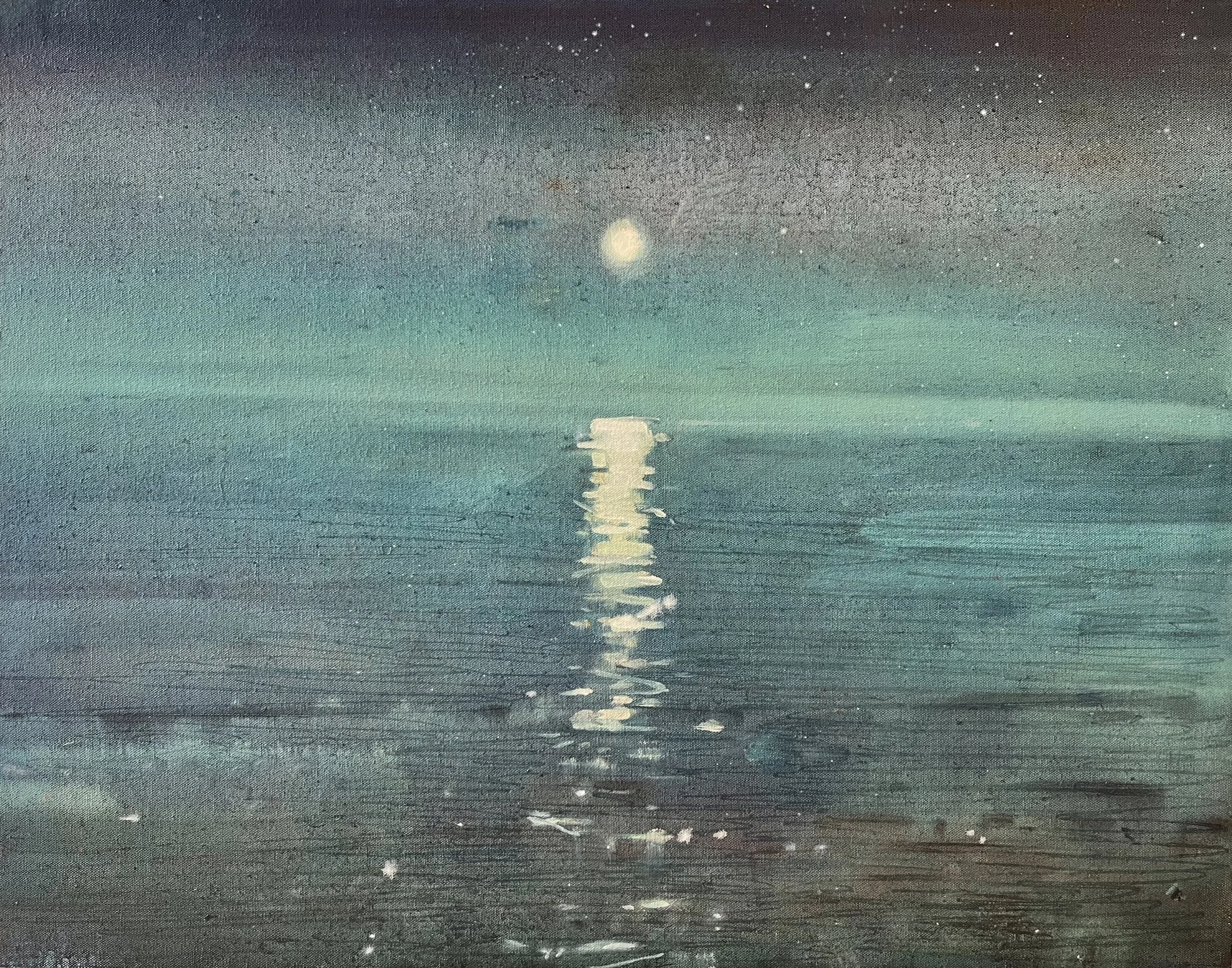 A serene nighttime scene of a body of water reflecting the moon and stars in the sky, with a faint greenish glow near the horizon.