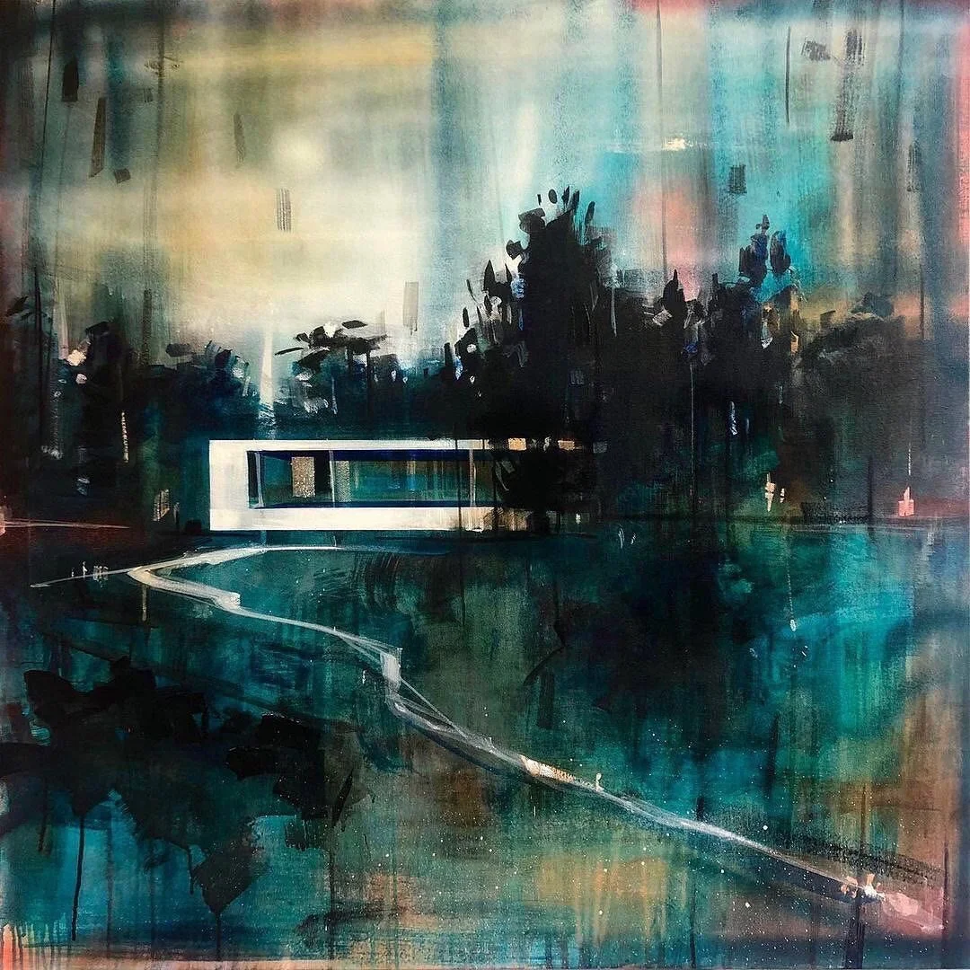 An abstract painting of a landscape with dark trees, a water body, and a path, utilizing dark blues, greens, and hints of light colors.