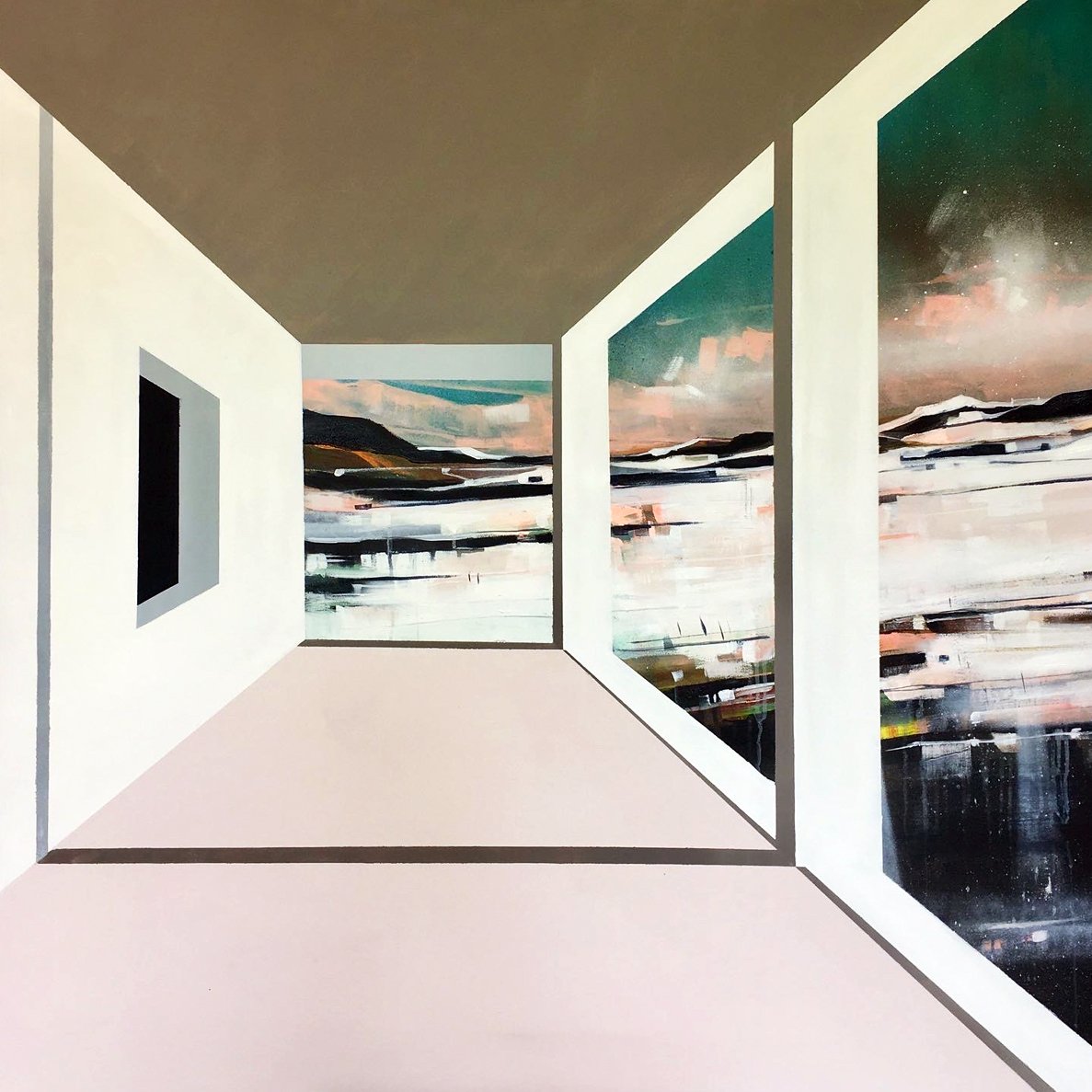 An abstract painting of an empty room with large windows showing a lakeside landscape with mountains and a colorful sky.