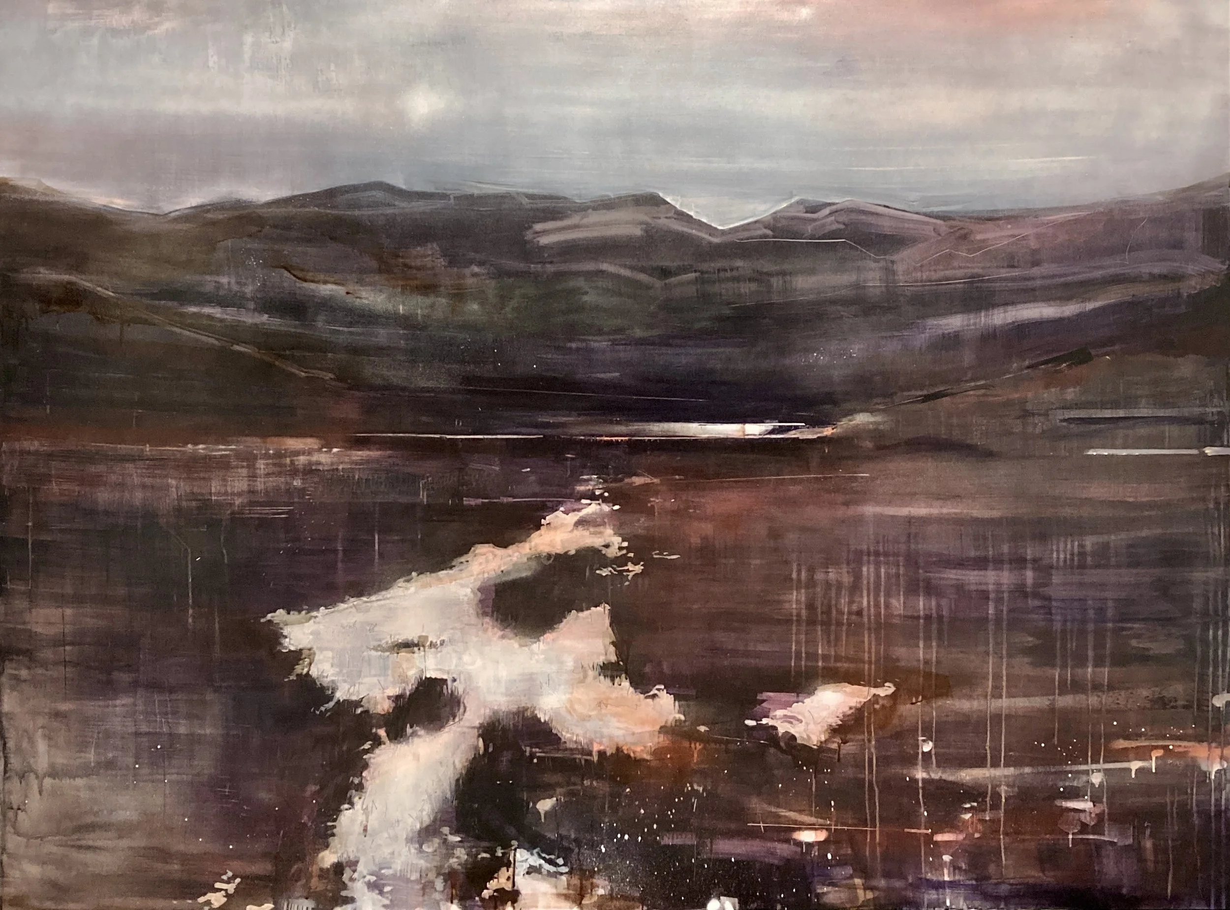 Abstract landscape painting featuring mountains in the background, water in the foreground, and a cloudy sky.