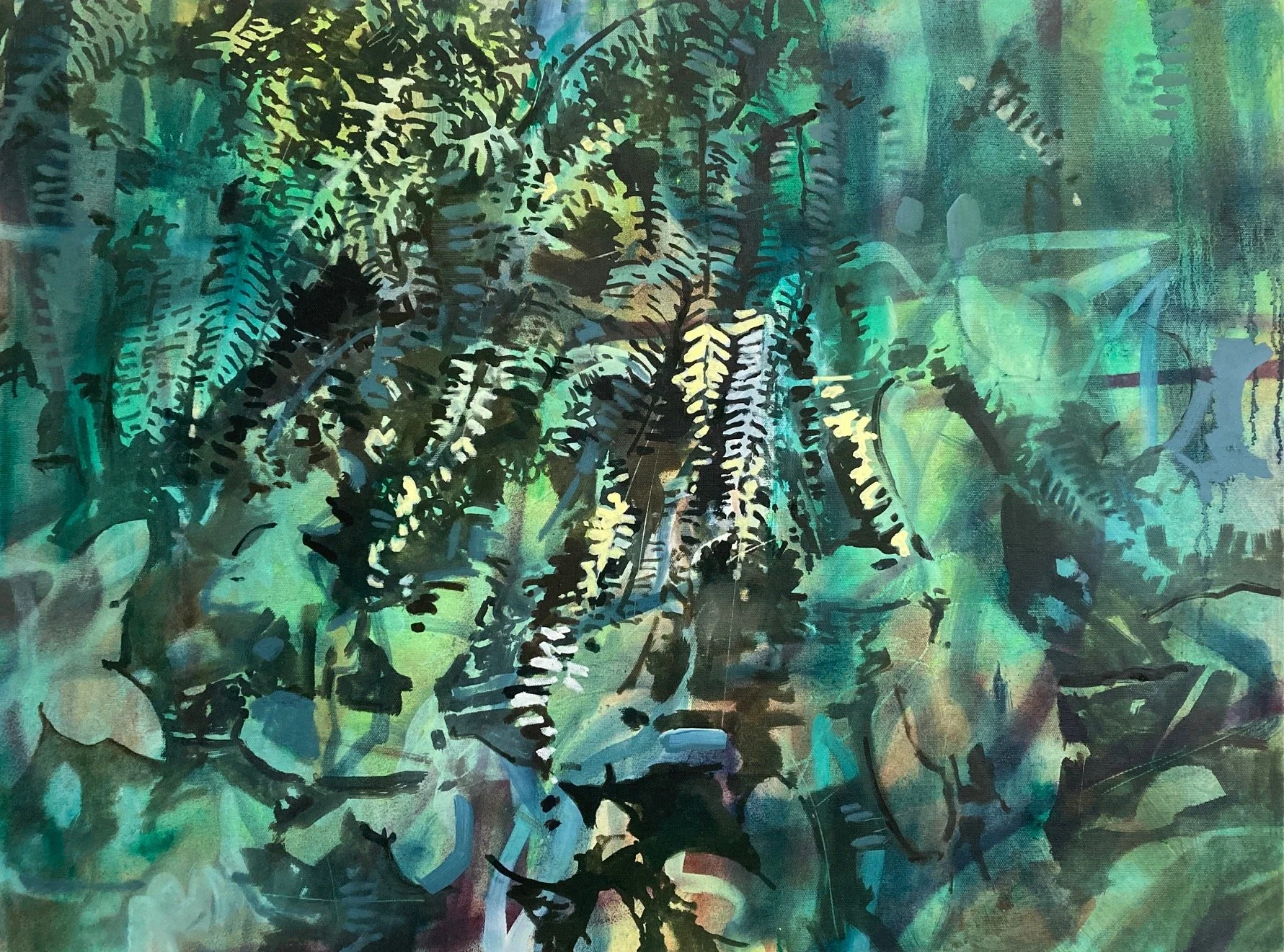 Abstract painting of dense green and teal foliage with black and white fern-like leaves.