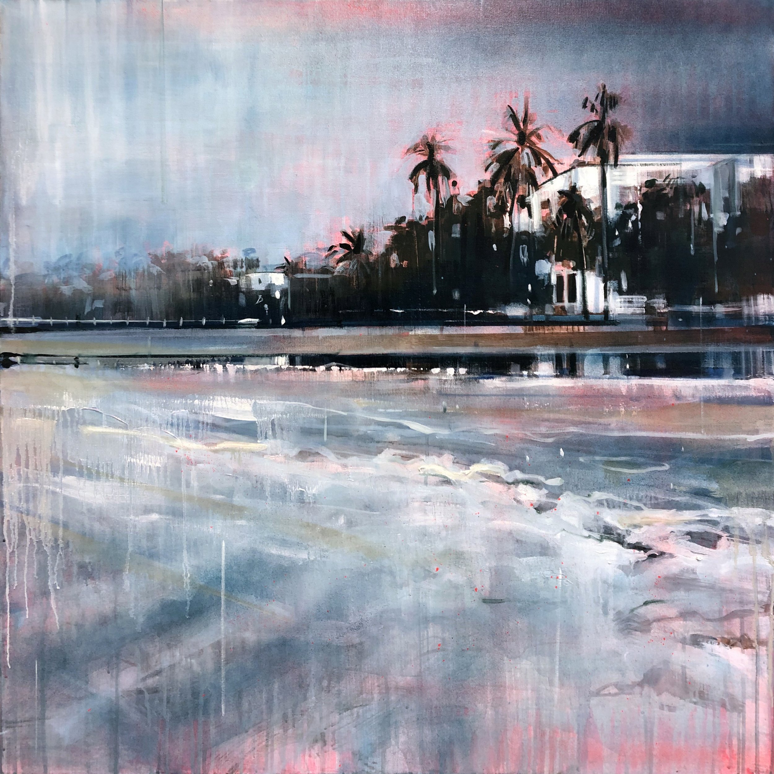 A painting of a beach with surf and palm trees, featuring abstract brushstrokes and pastel colors.