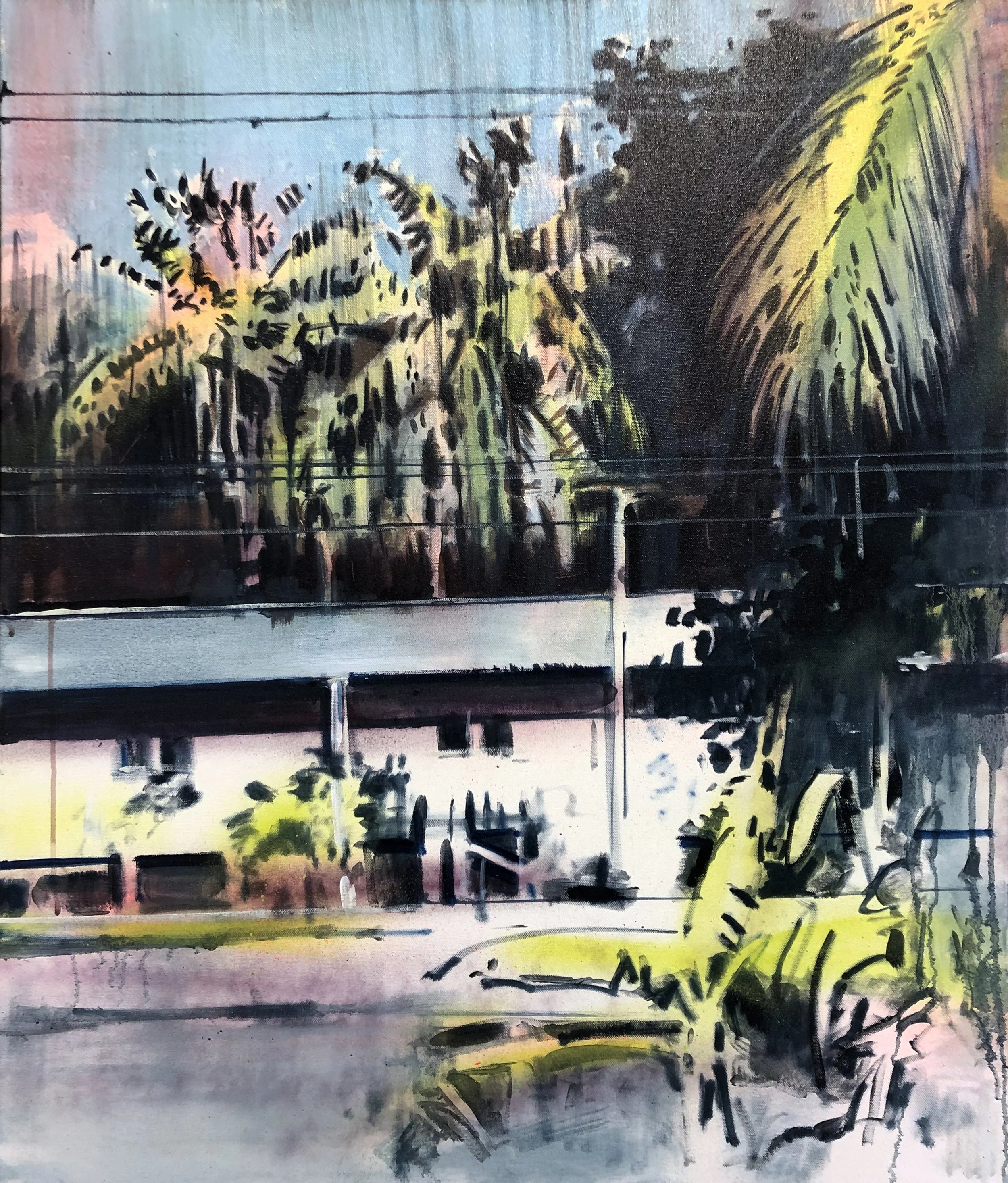 A colorful painting of a street scene with palm trees and a building with large windows, depicted in an abstract, impressionistic style.