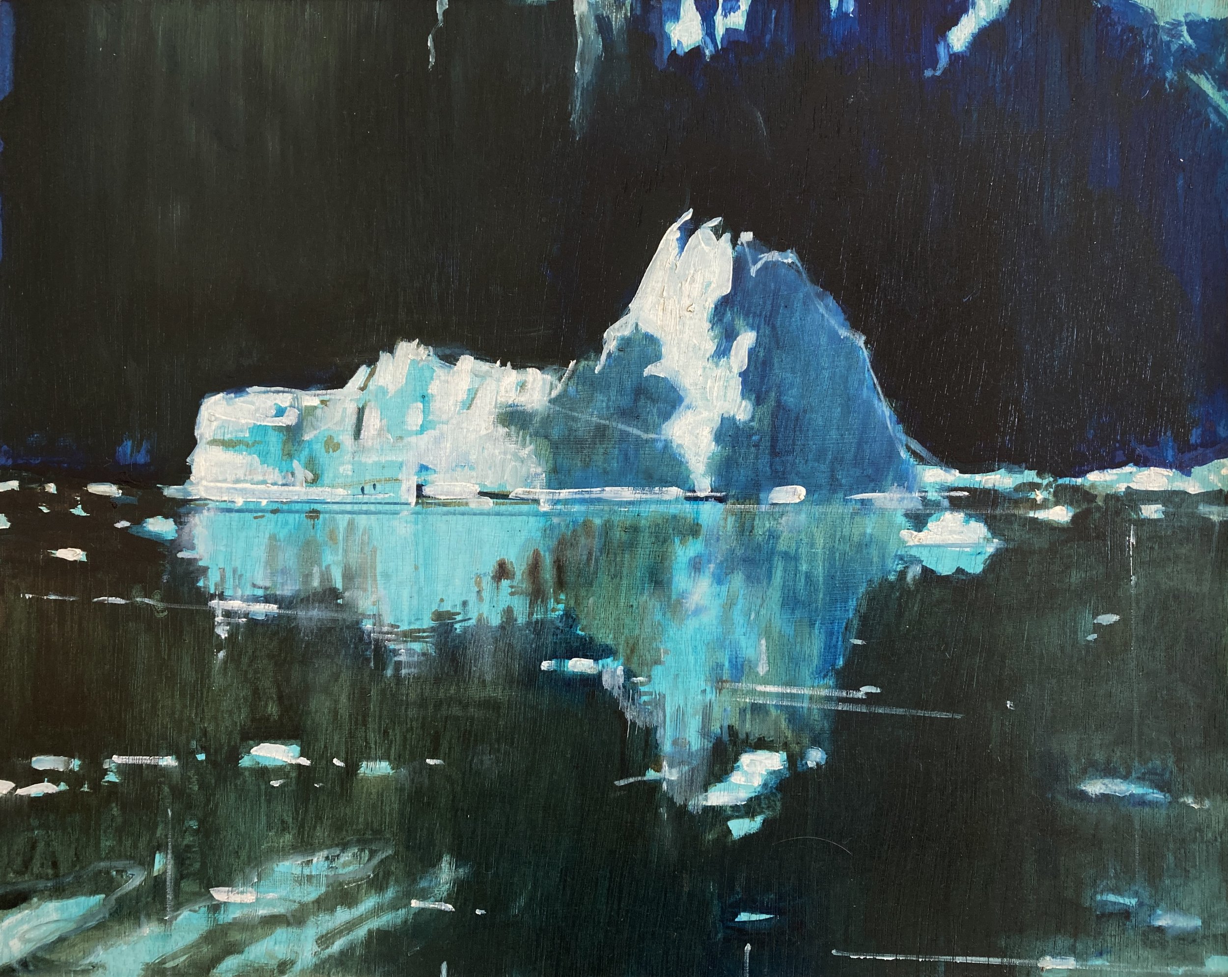 Painting of an iceberg floating in the ocean with its reflection visible in the water.