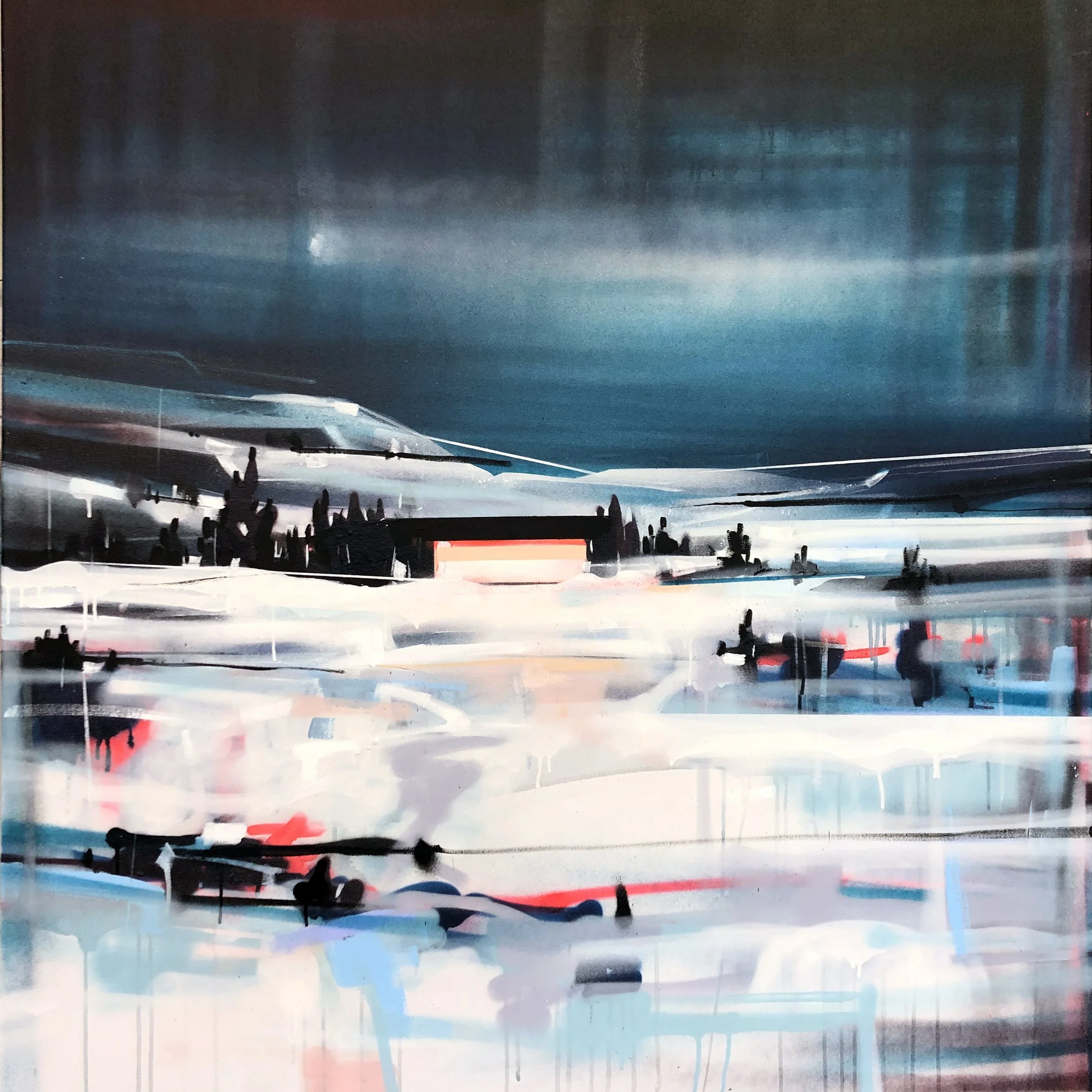 Abstract painting of a modern city skyline at night with buildings, trees, and reflections in water, using mainly dark blues, blacks, and hints of red and white.