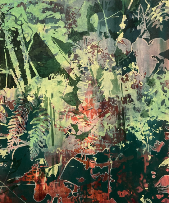 Abstract artwork resembling a dense jungle scene with green leaves, ferns, and plant details, with a mix of dark and bright colors creating depth and texture.