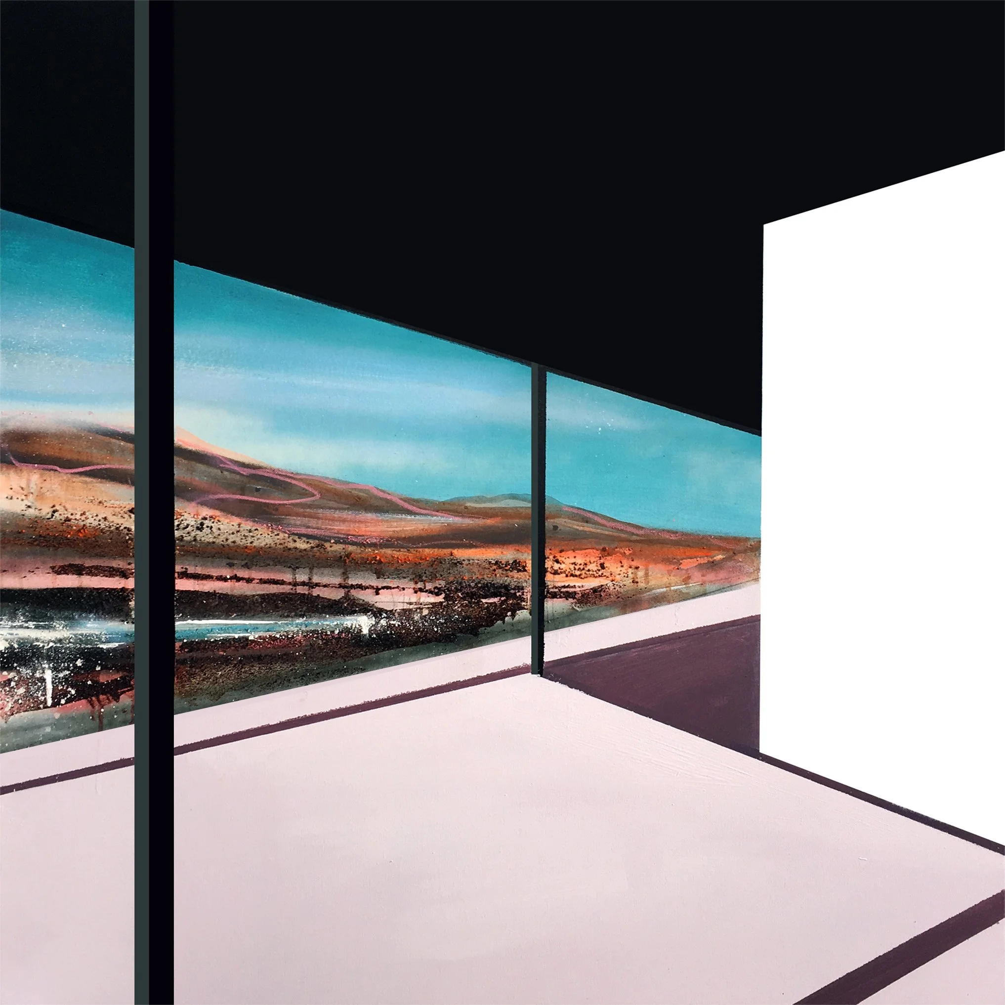 A modern art painting of a landscape viewed through large glass windows, with mountains and a body of water in the distance, and an empty white room in the foreground.