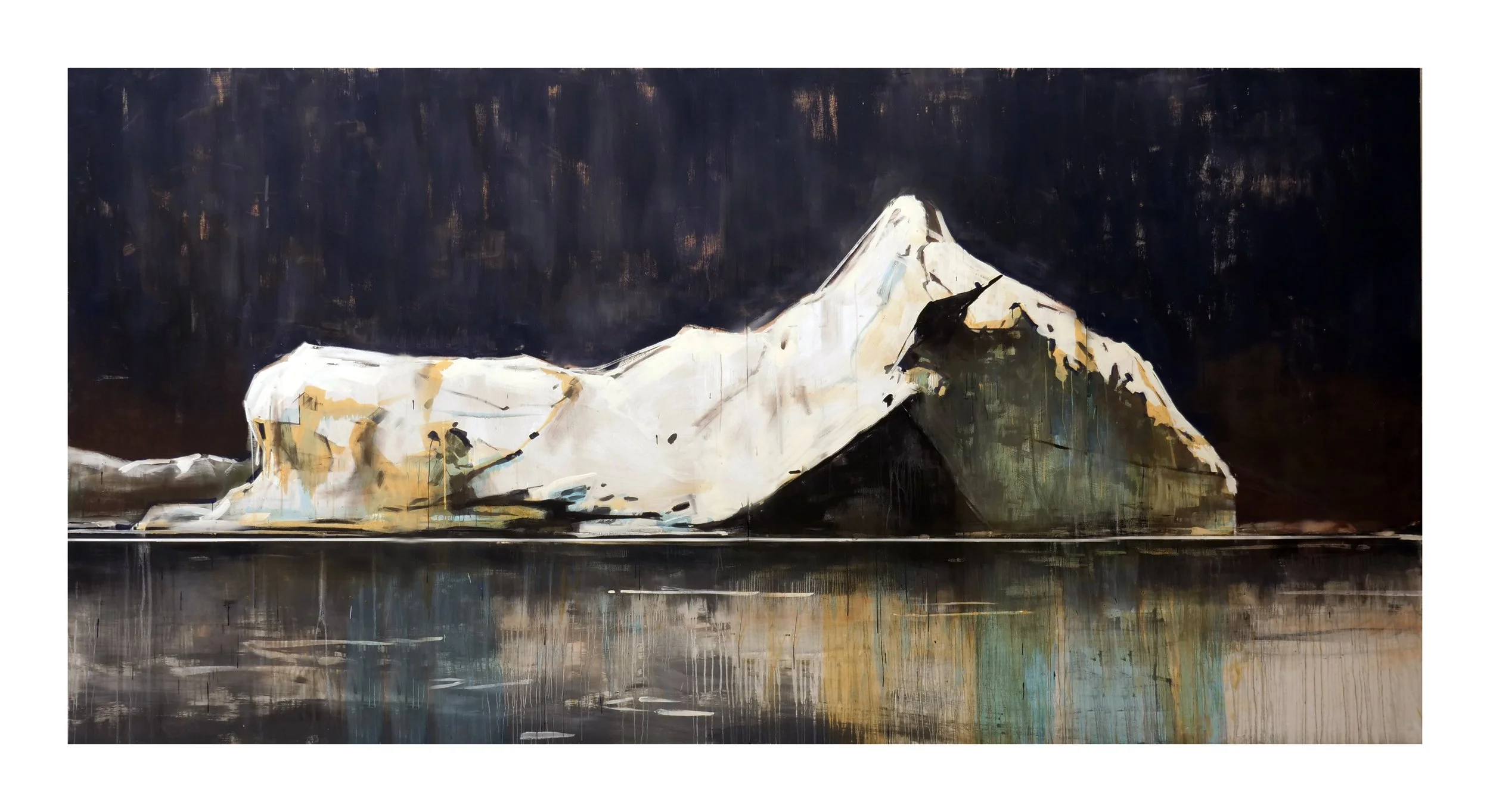 Abstract painting of icebergs with dark sky and their reflection on water.