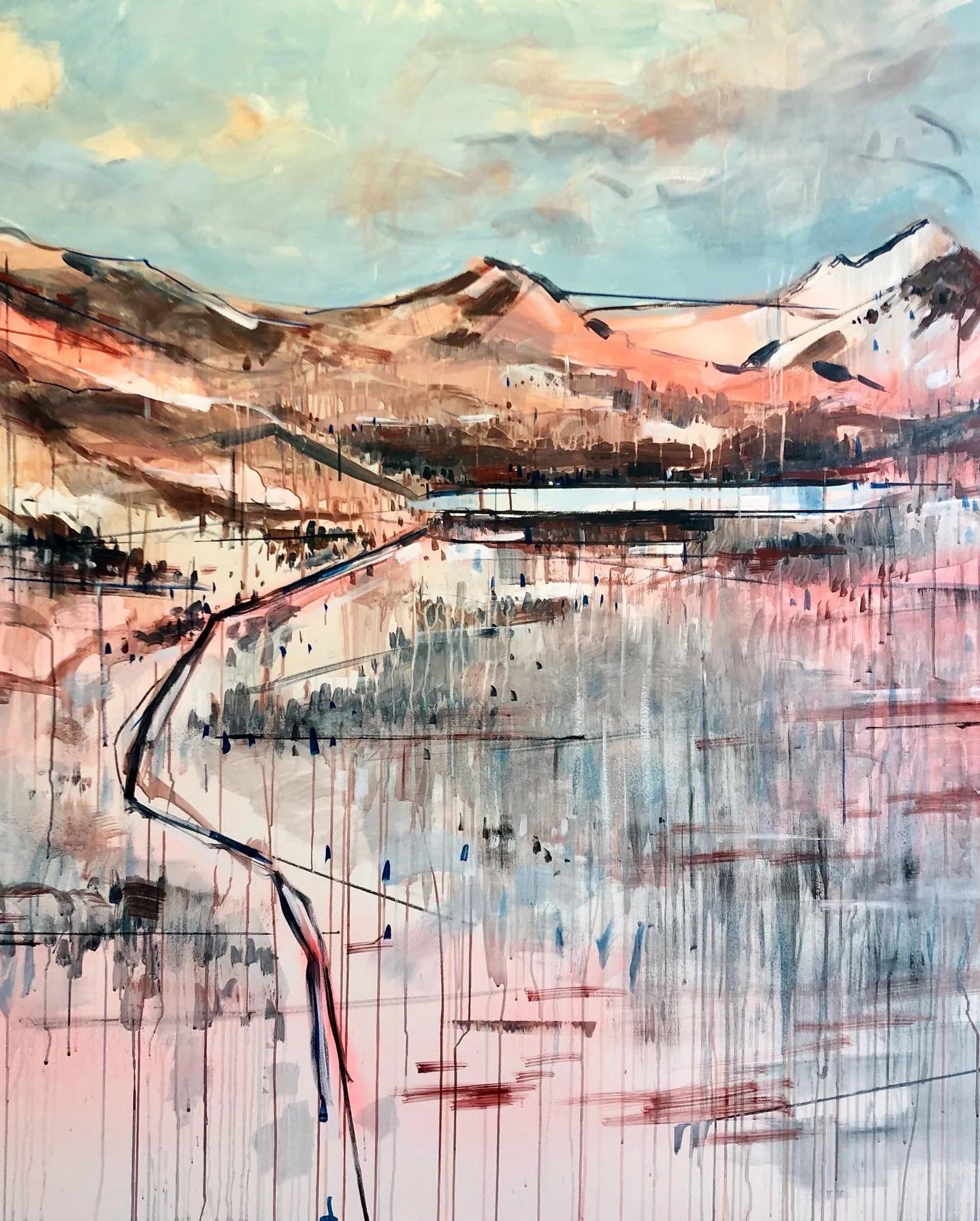 Abstract painting of a mountain landscape with a lake and a sky, using soft pastel colors and bold brushstrokes.