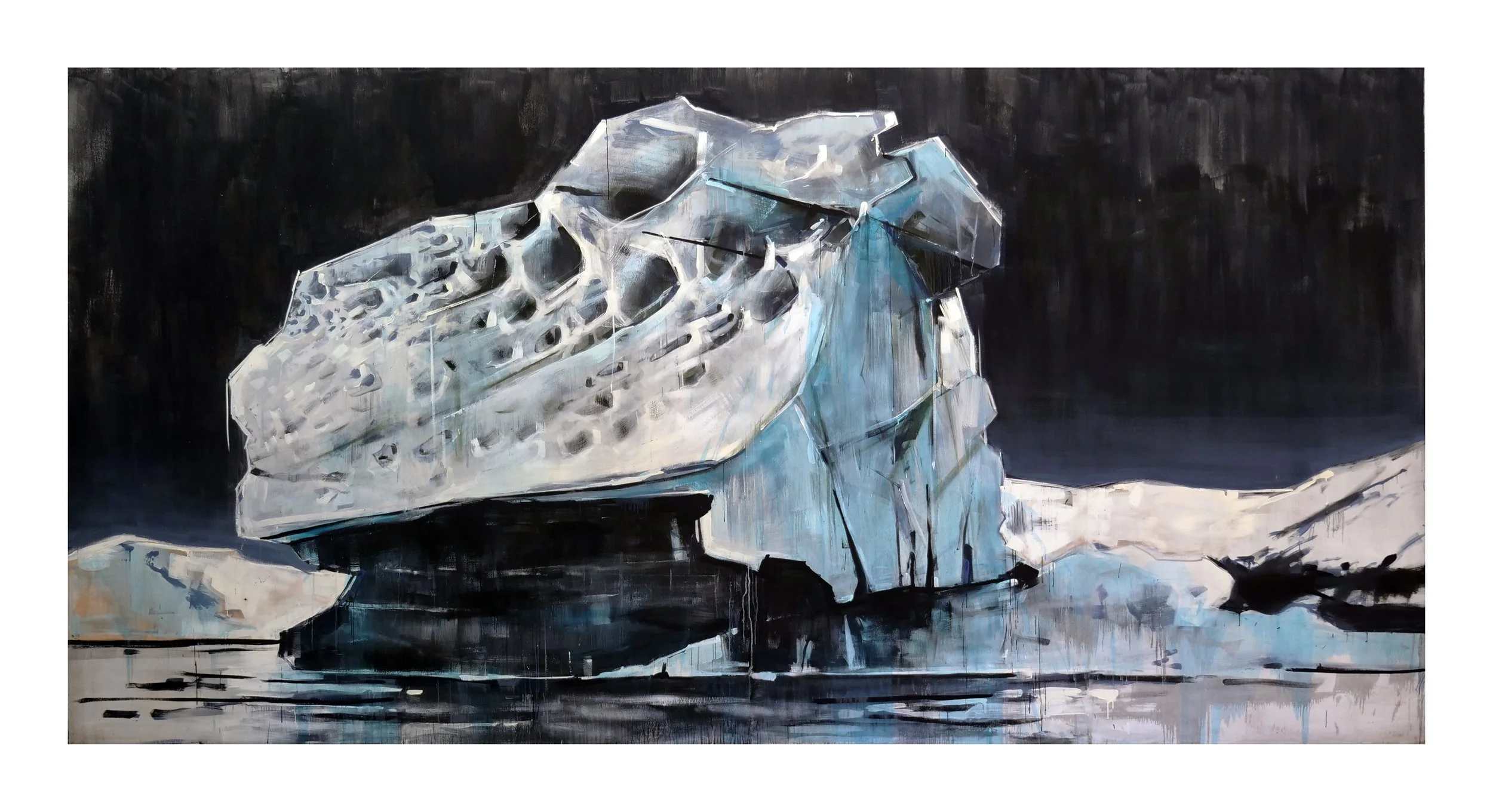 An abstract painting of a large iceberg floating in dark water, with reflections and a black sky in the background.