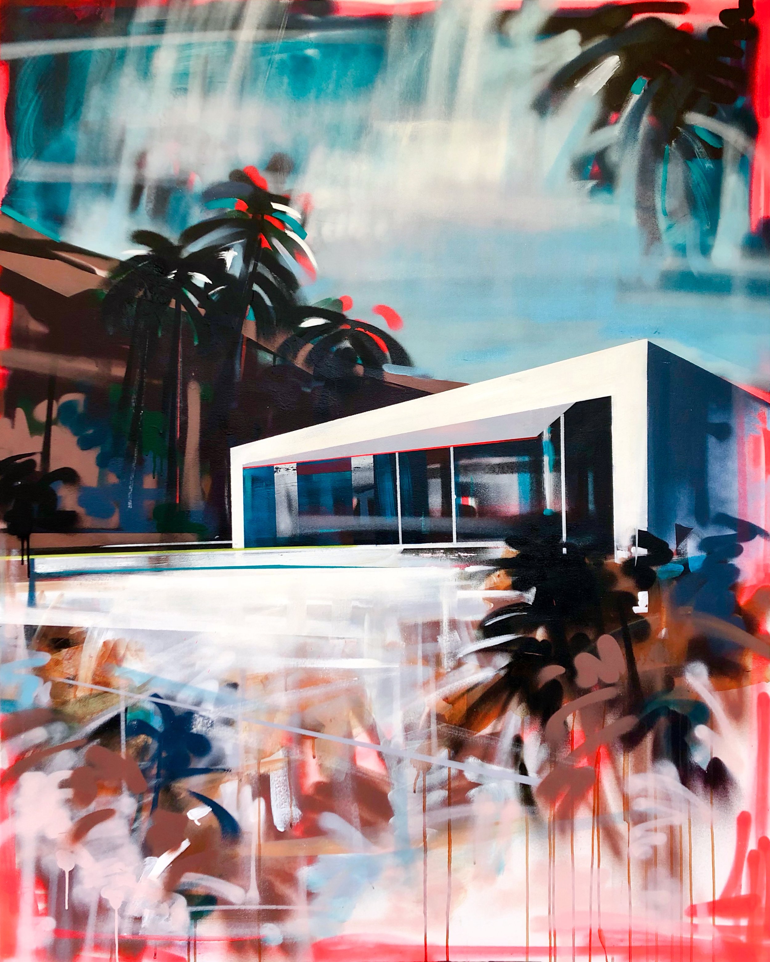 An abstract painting of a modern building with large glass windows, palm trees, and a bright blue sky with some clouds.