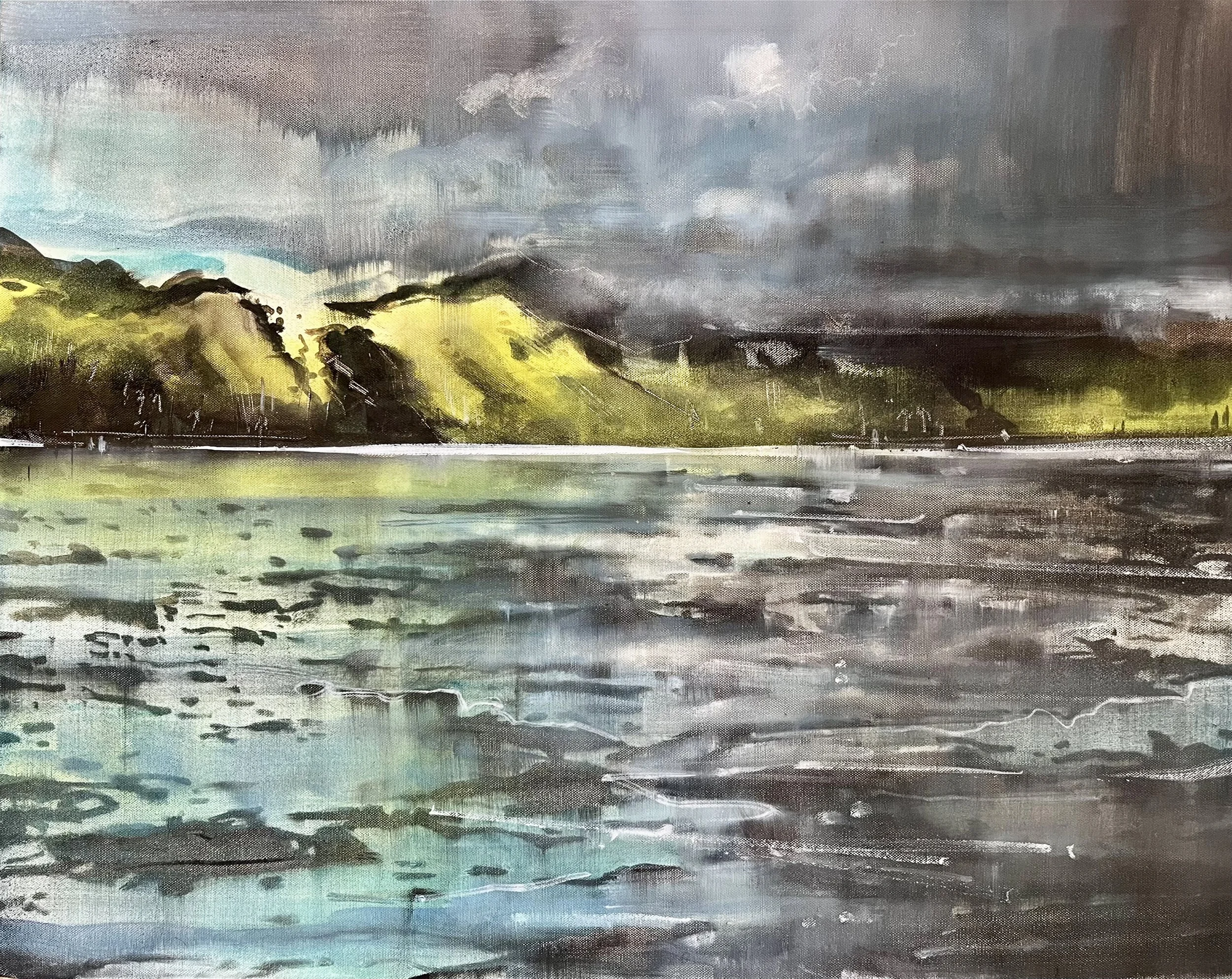 A landscape painting of a lake with green hills in the background and a dark, cloudy sky overhead.