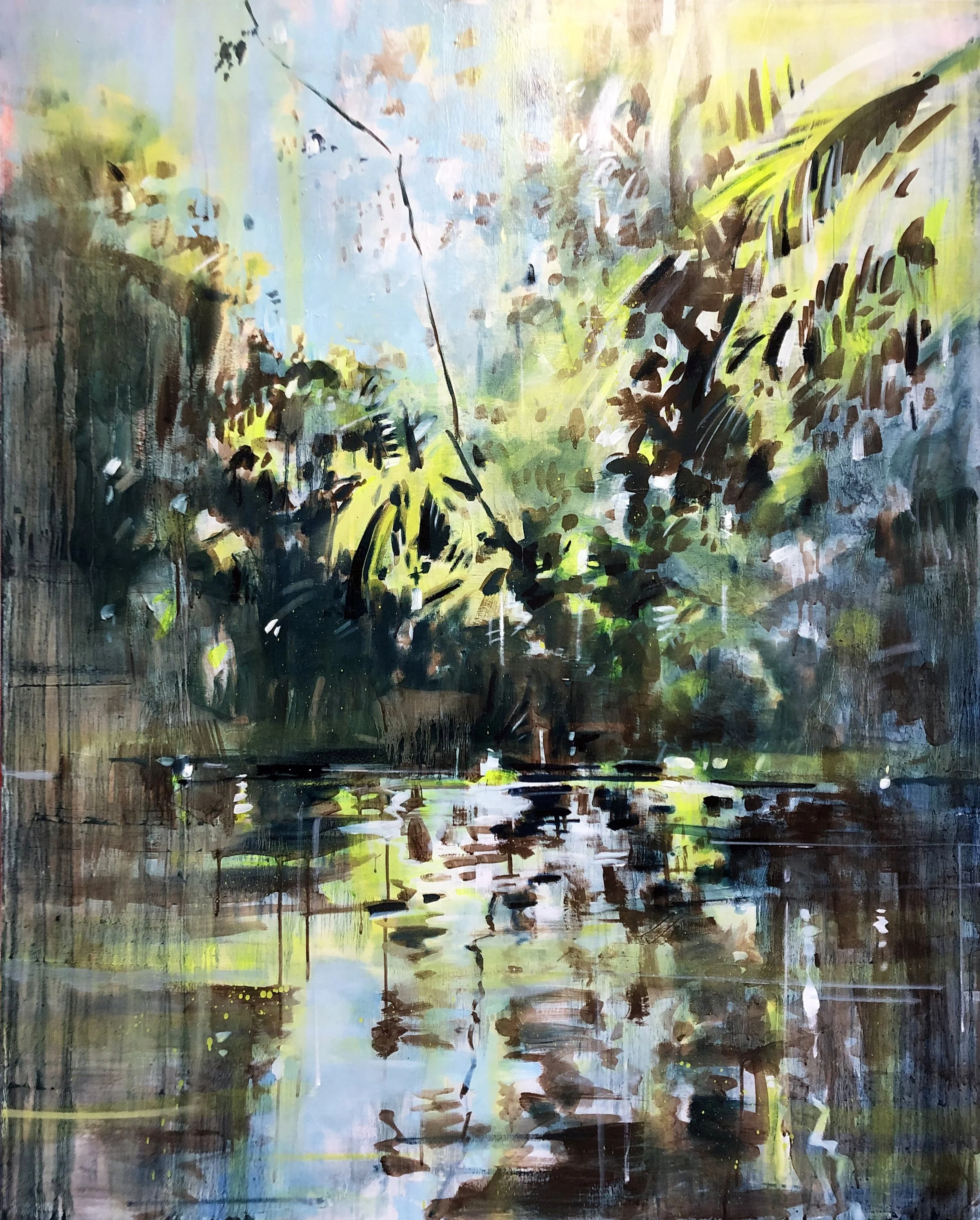 Abstract painting of a lush green forest with a small body of water reflecting the trees and sky.
