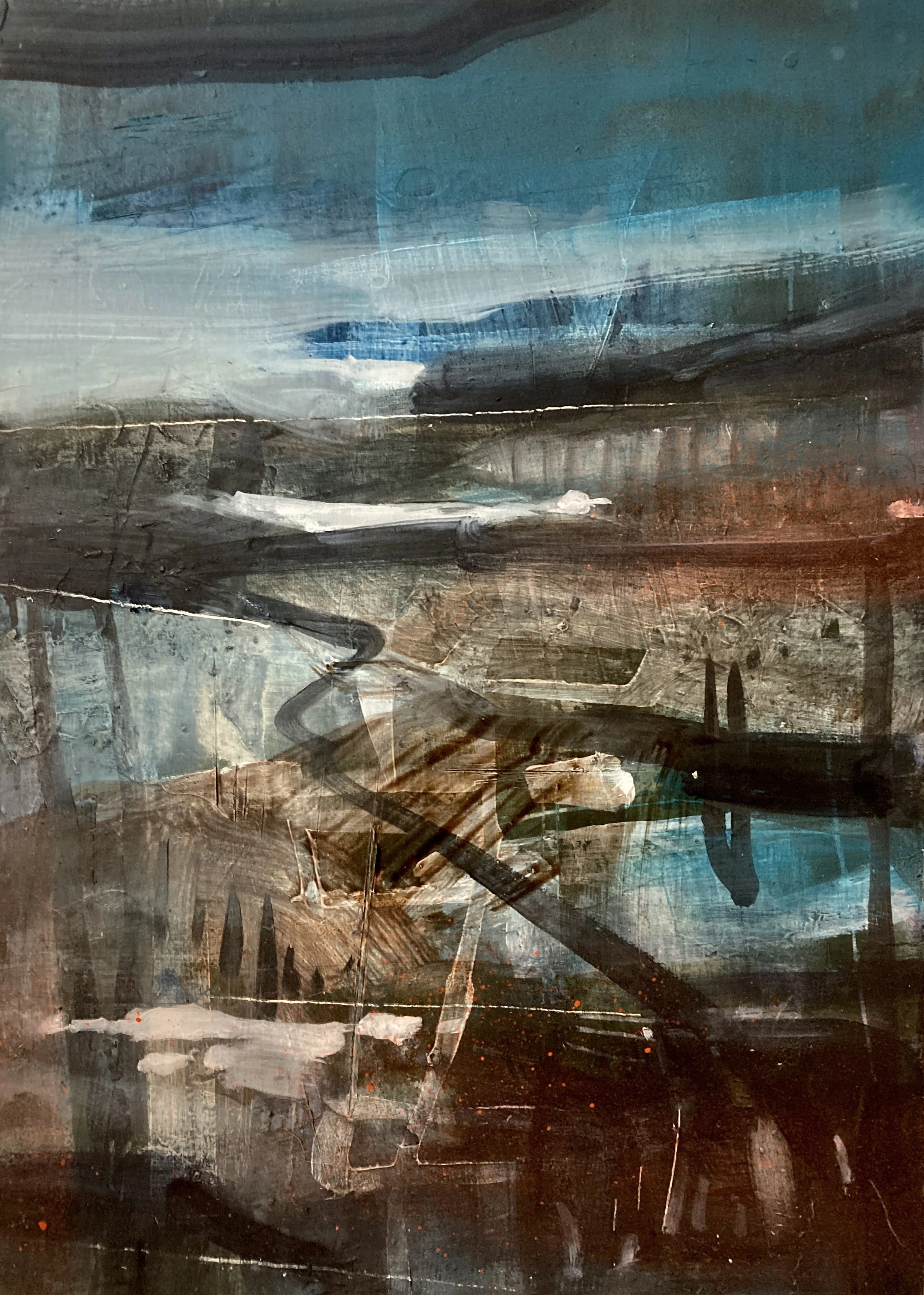 Abstract painting with dark browns, blues, whites, and hints of red, featuring broad brushstrokes and layered textures.