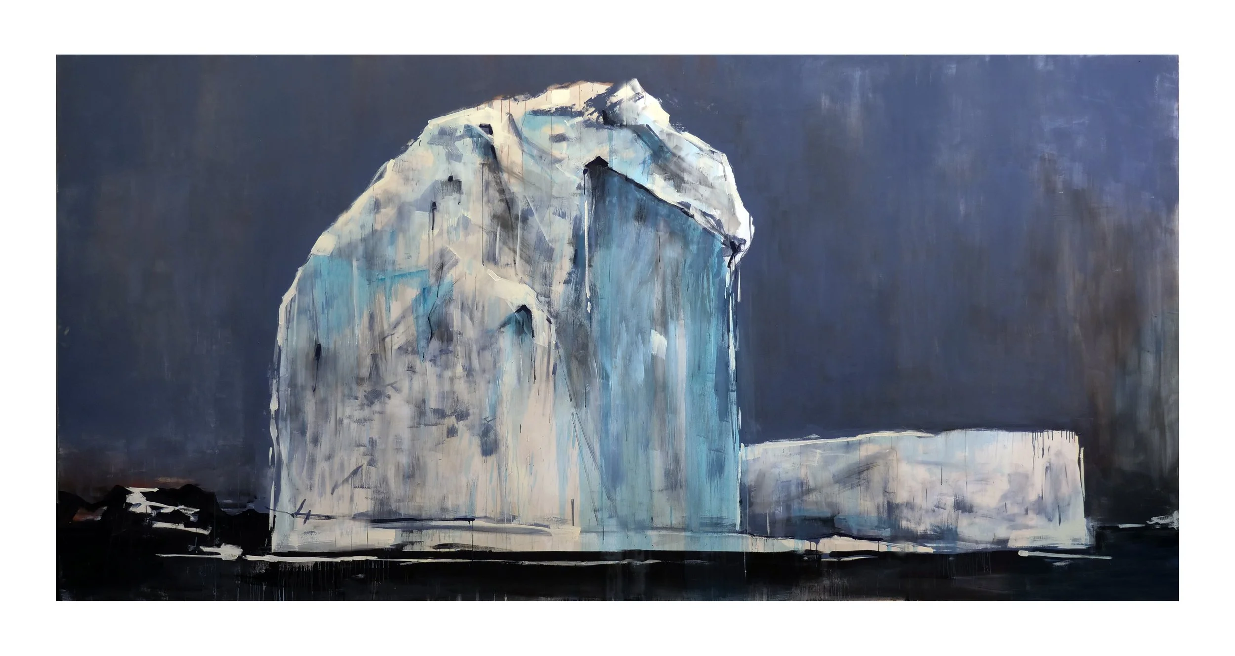 Abstract painting of a large iceberg with shades of blue, white, and gray on a dark background.