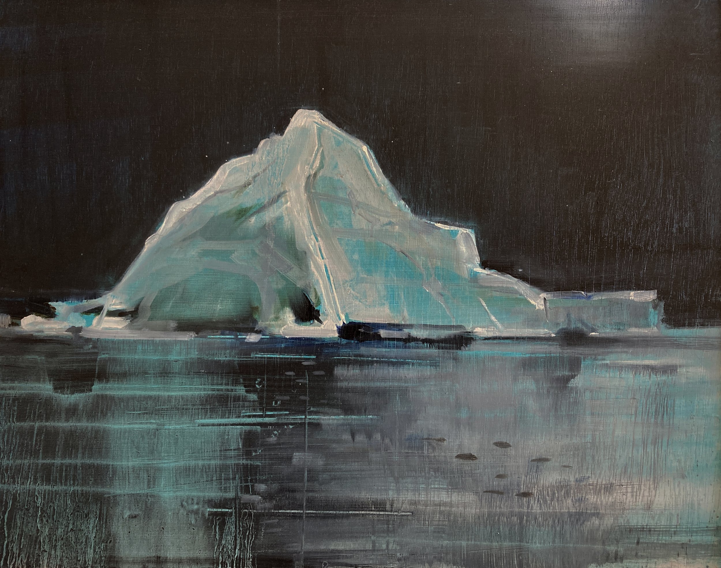 Painting of a blue glacier or iceberg floating in dark water at night.