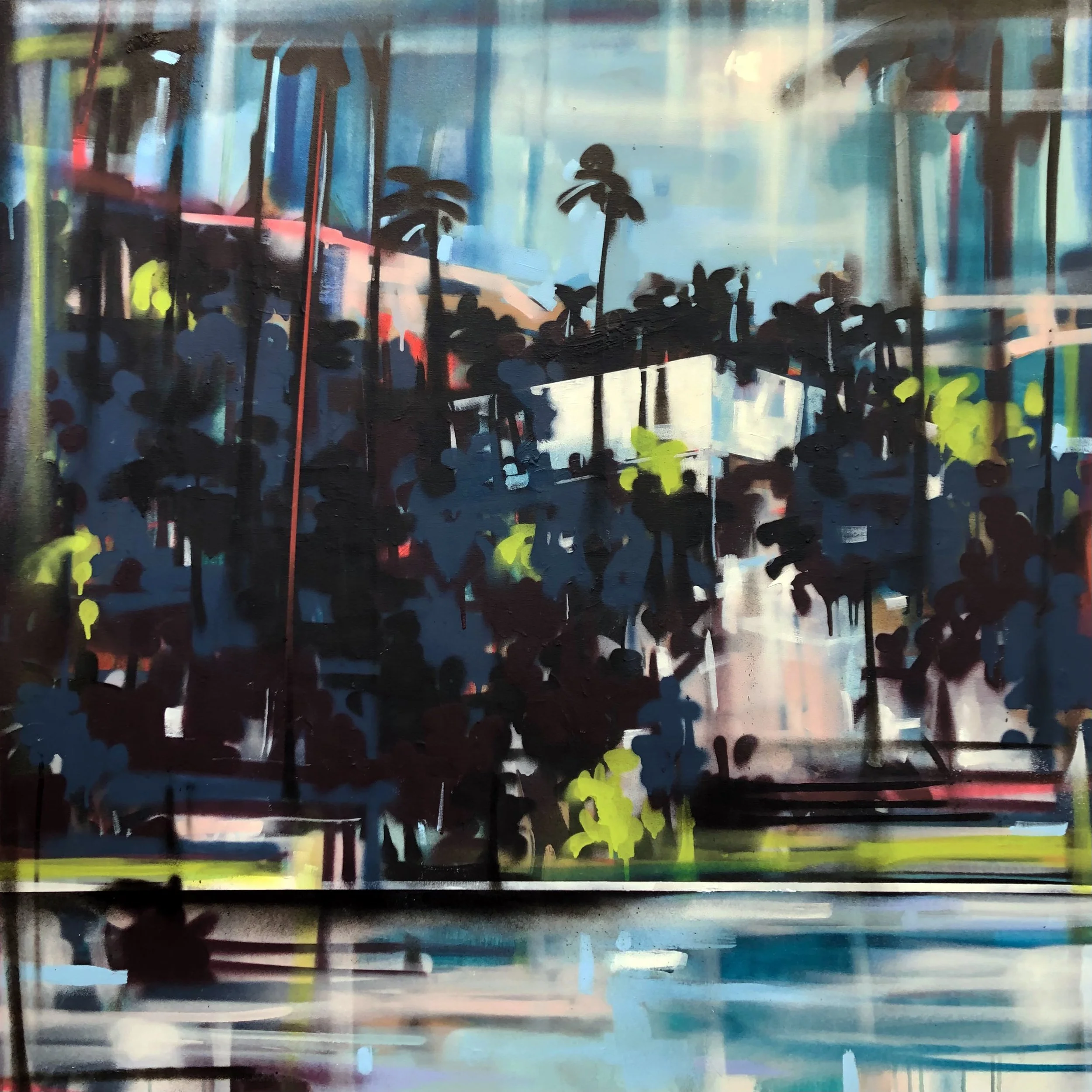 Abstract cityscape painting with silhouettes of palm trees, buildings, and a crowd of people, using bold colors like blue, black, yellow, and hints of red.