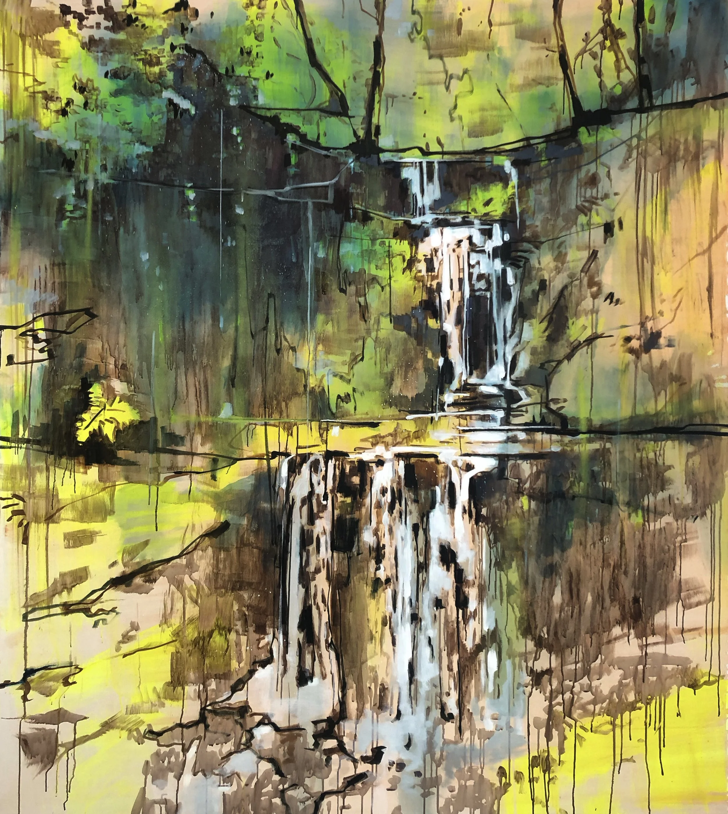 A vibrant abstract painting of a waterfall cascading into a pond surrounded by trees and greenery, with splashes of yellow, green, brown, and blue colors.