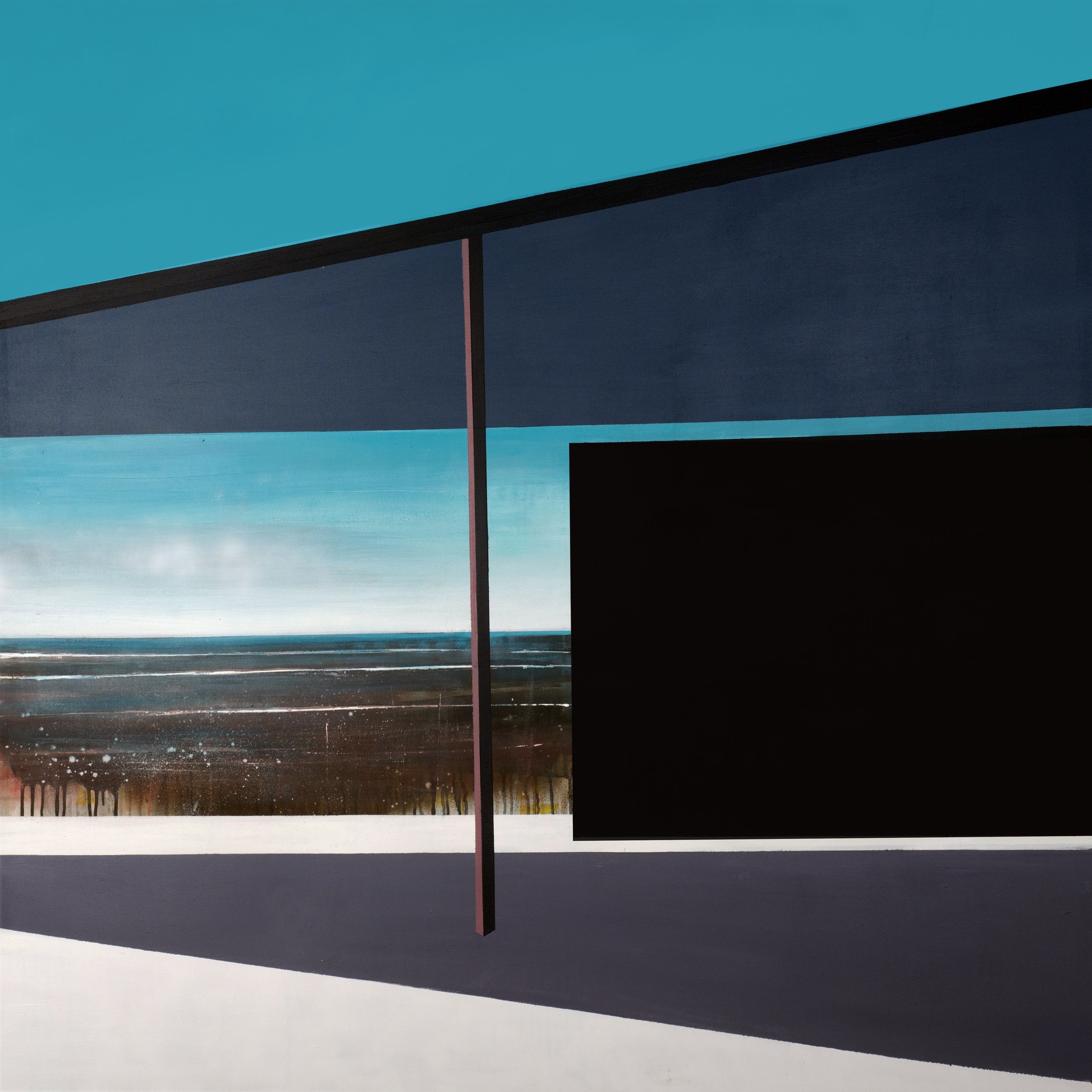 Abstract painting of a modern building with large windows, showing a beach scene with dark ocean waves and a bright blue sky visible through the windows.