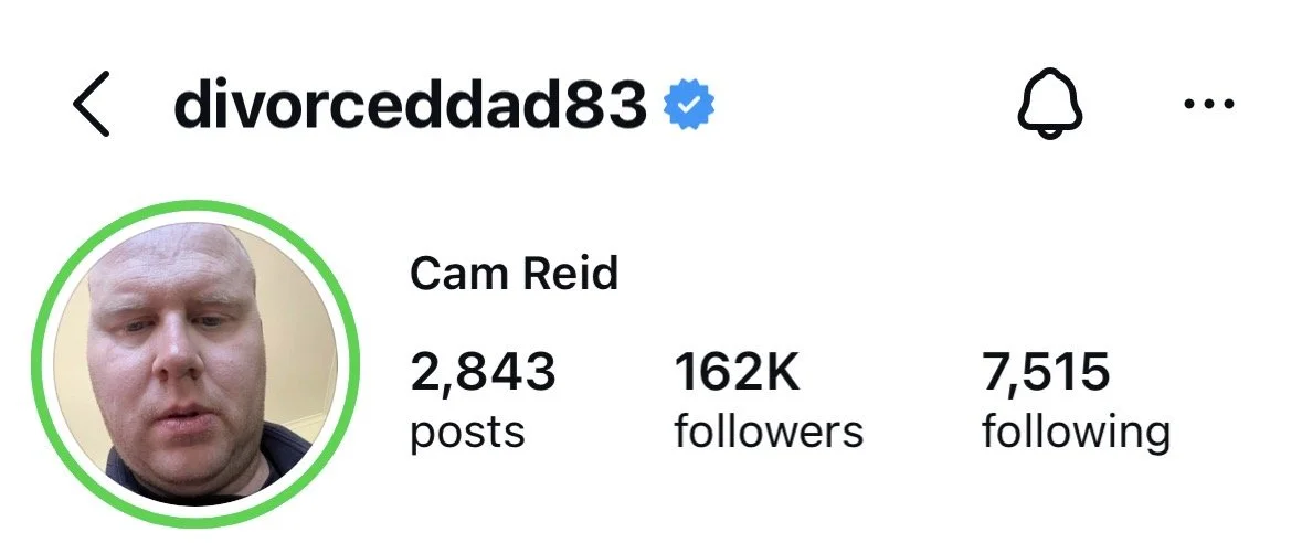 Screenshot of an Instagram profile page with the username 'divorceddad83', showing a verified badge, profile picture of a man with a serious expression, and stats: 2,843 posts, 162K followers, and 7,515 following, with the name 'Cam Reid'.