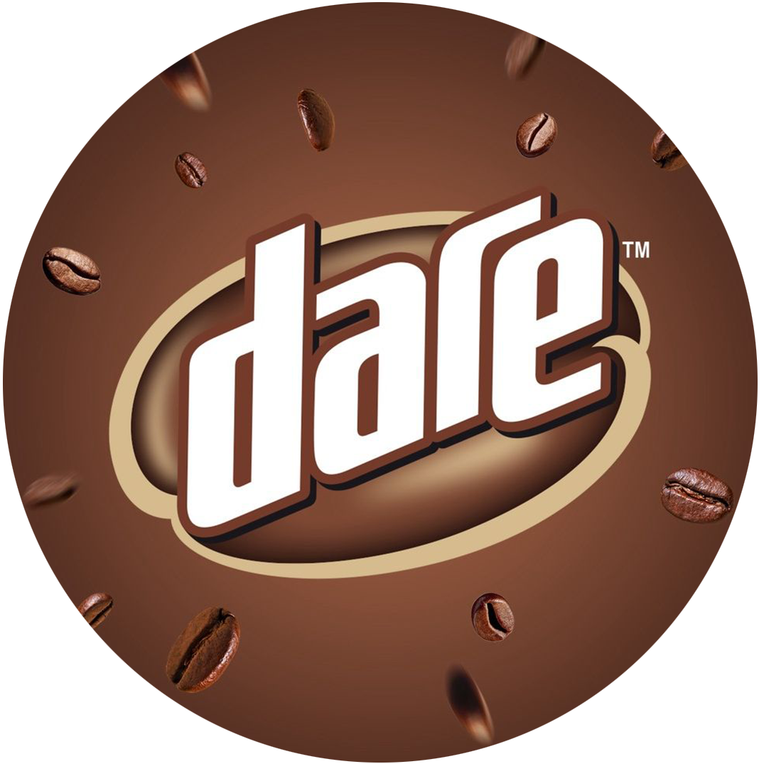 Dare Iced Coffee Logo. Close-up of a bag of classic chocolate-flavored Idel coffee, with coffee beans floating in the background.
