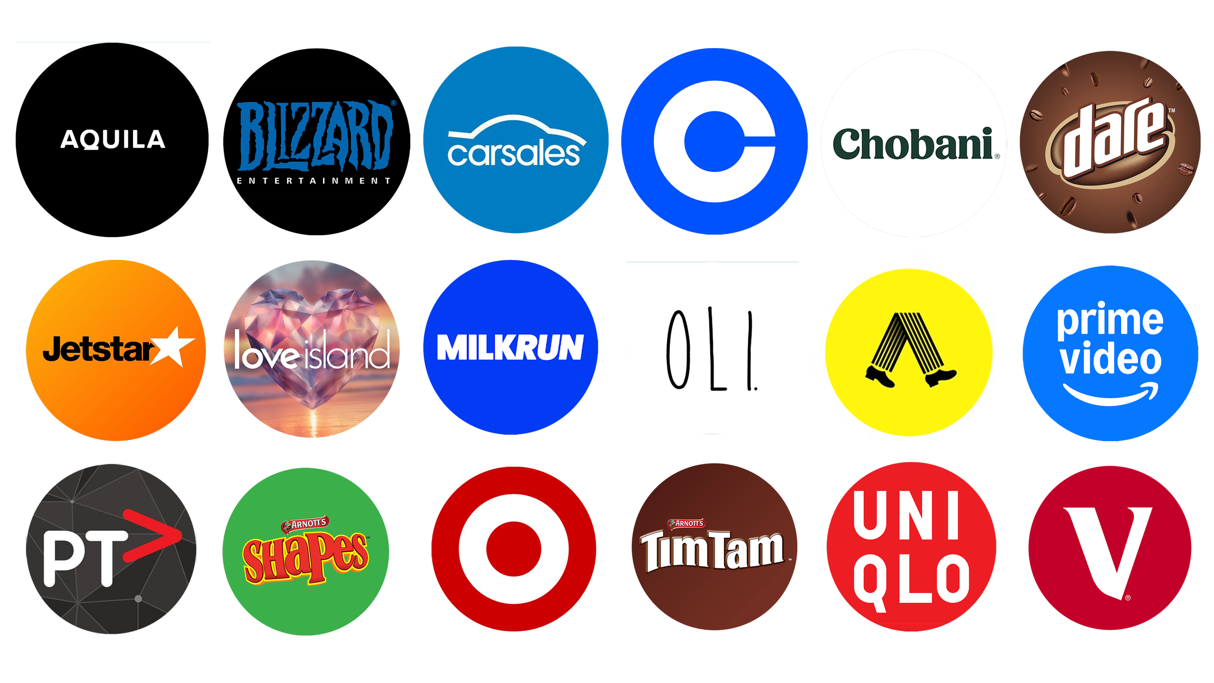 Grid of various app icons including Blizzard Entertainment, Carsales, Chobani, Dairy Queen, Jetstar, Love Island, MilkRun, OLX, Amazon Prime Video, PT Genuine, Shapes, Target, TimTam, UNIQLO, Vistaprint, and others.