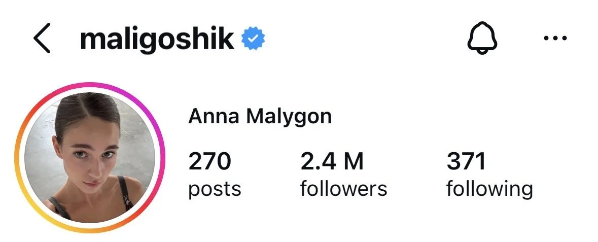 Instagram profile of Anna Malygon with a profile photo of her looking up, showing her face and shoulders. The profile has 270 posts, 2.4 million followers, and follows 371 accounts.