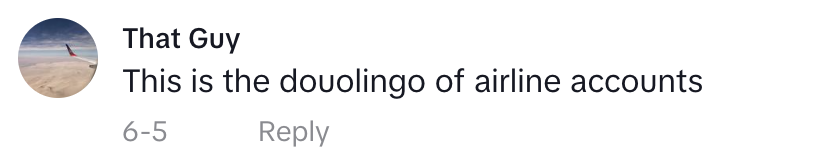 Text message with the name "That Guy" saying, "This is the duolingo of airline accounts".