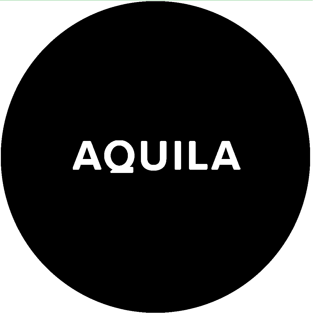 Black circle with the word 'AQUILA' in white uppercase letters in the center