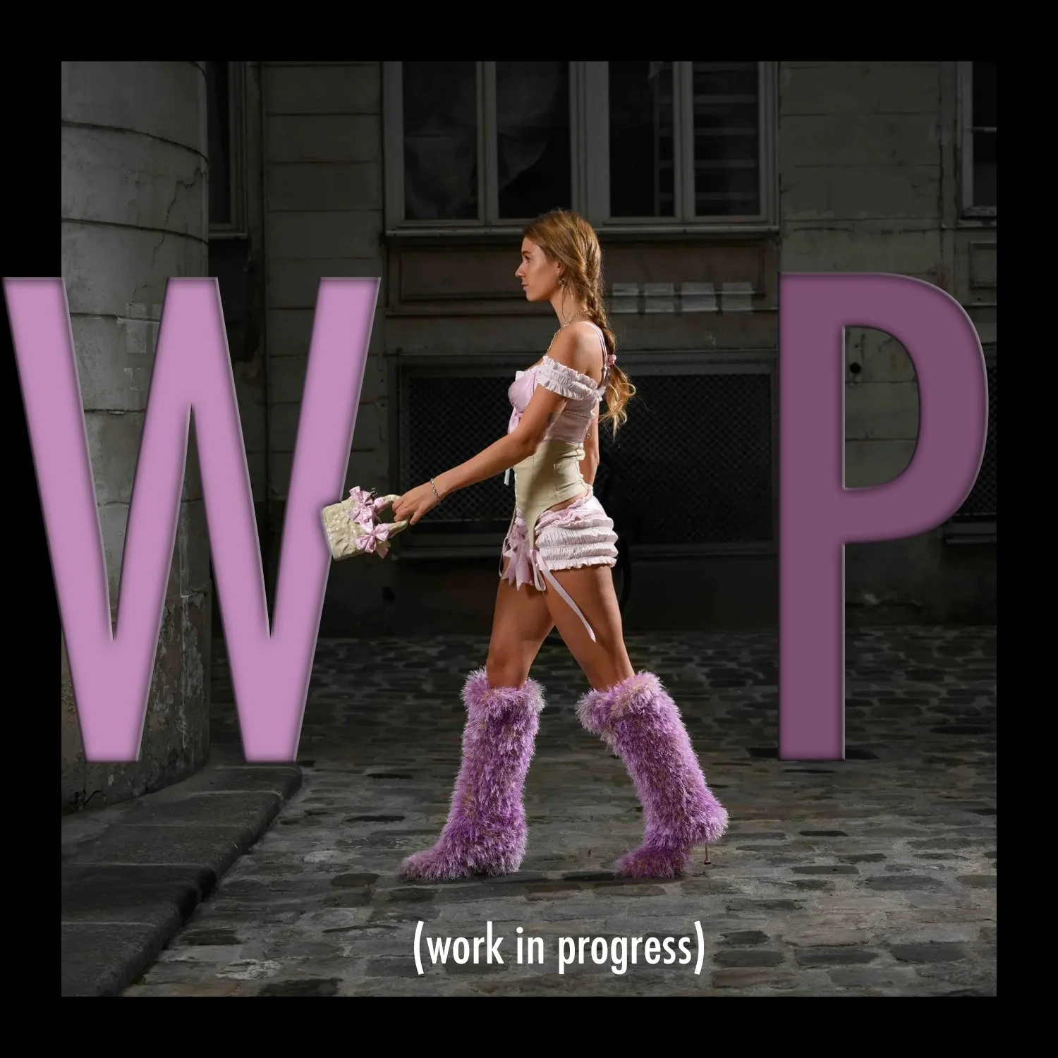 A woman dressed in pink and purple furry boots walks past large pink letters W and P in an outdoor urban setting, with a subtitle at the bottom that reads 'work in progress'.