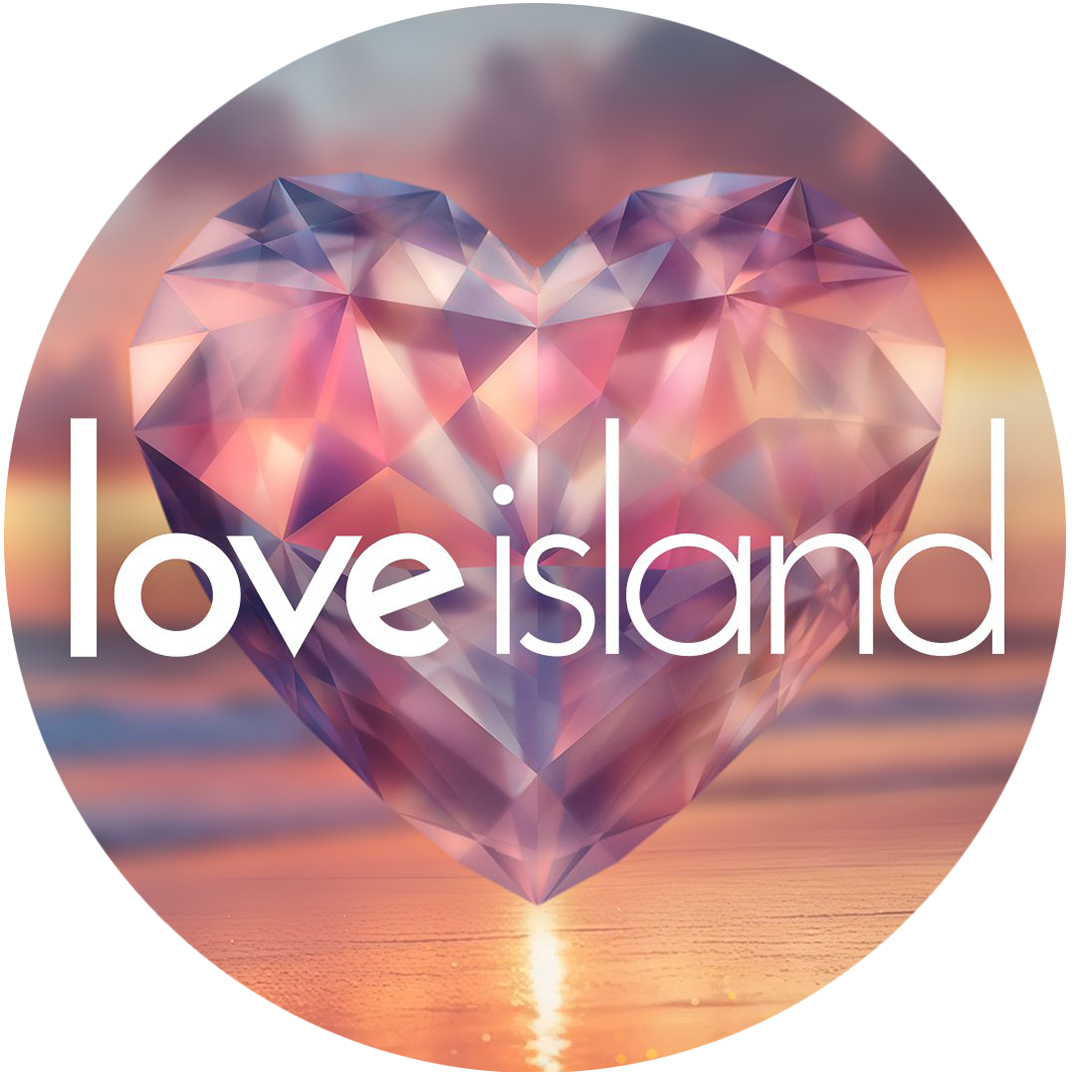 A large pink and purple heart-shaped gemstone reflects light at sunset over water, with the text "love island" in white font overlayed.