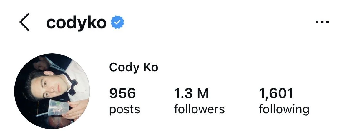 Screenshot of Cody Ko's Instagram profile, showing his profile picture, name, verified badge, number of posts, followers, and following.