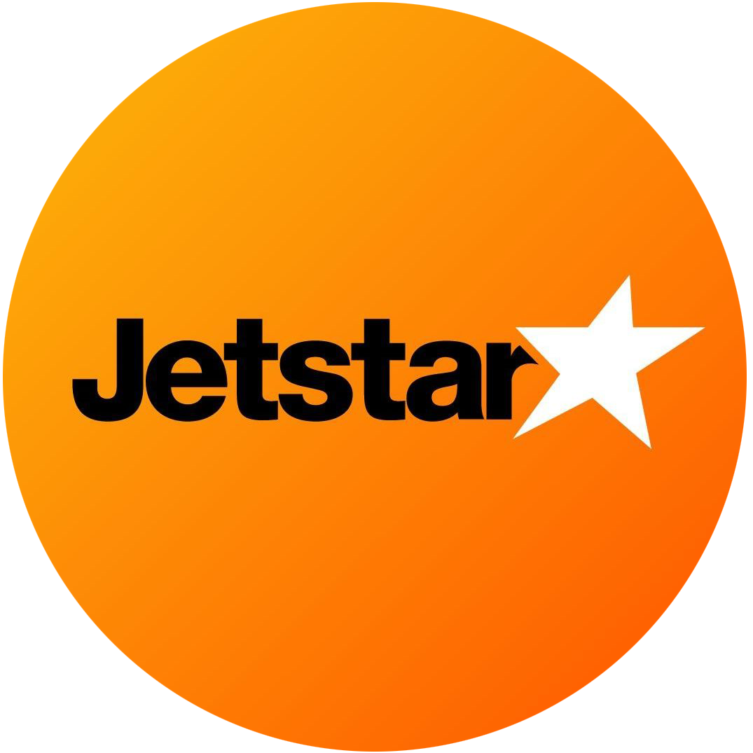Jetstar logo featuring black text with a white star on an orange gradient background.