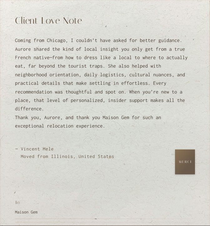 A handwritten note titled 'Client Love Note' expressing gratitude to Aurore for her assistance in relocating from Chicago to Maison Gem, highlighting her local insight, neighborhood knowledge, and support.