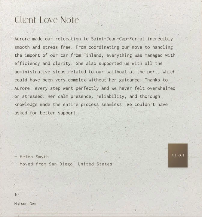 A letter titled 'Client Love Note' expressing gratitude to Aurore for her support during relocation, signed by Helen Smyth from San Diego, United States, with a small brown card in the bottom-right corner that says 'MERCI'.