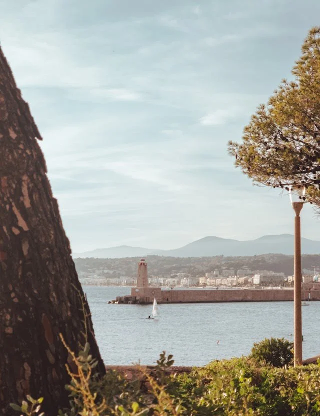 A waterfront scene with a lighthouse, sailboat, trees, and mountain in the background.