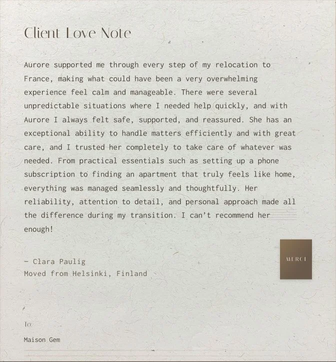 Client love note on textured paper. Text expresses gratitude towards Aurore for support during a move from Finland to France, praising her reliability and personal approach. Small brown box with 'MERCI' in white next to the text. Recipient's name is Maison Gem.