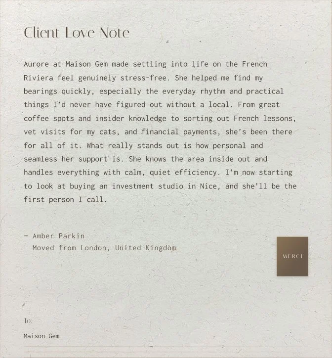 Client love note from Amber Parkin expressing gratitude for Maison Gem and her experiences in France, with a small 'Merci' note in the bottom right corner.