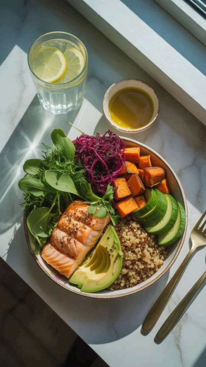 A bowl of mixed healthy foods including salmon, avocado, cucumber, quinoa, roasted sweet potatoes, purple cabbage slaw, and greens next to a glass of lemon water and a small dish of olive oil. Silver fork and knife on a white marble table near a window.
