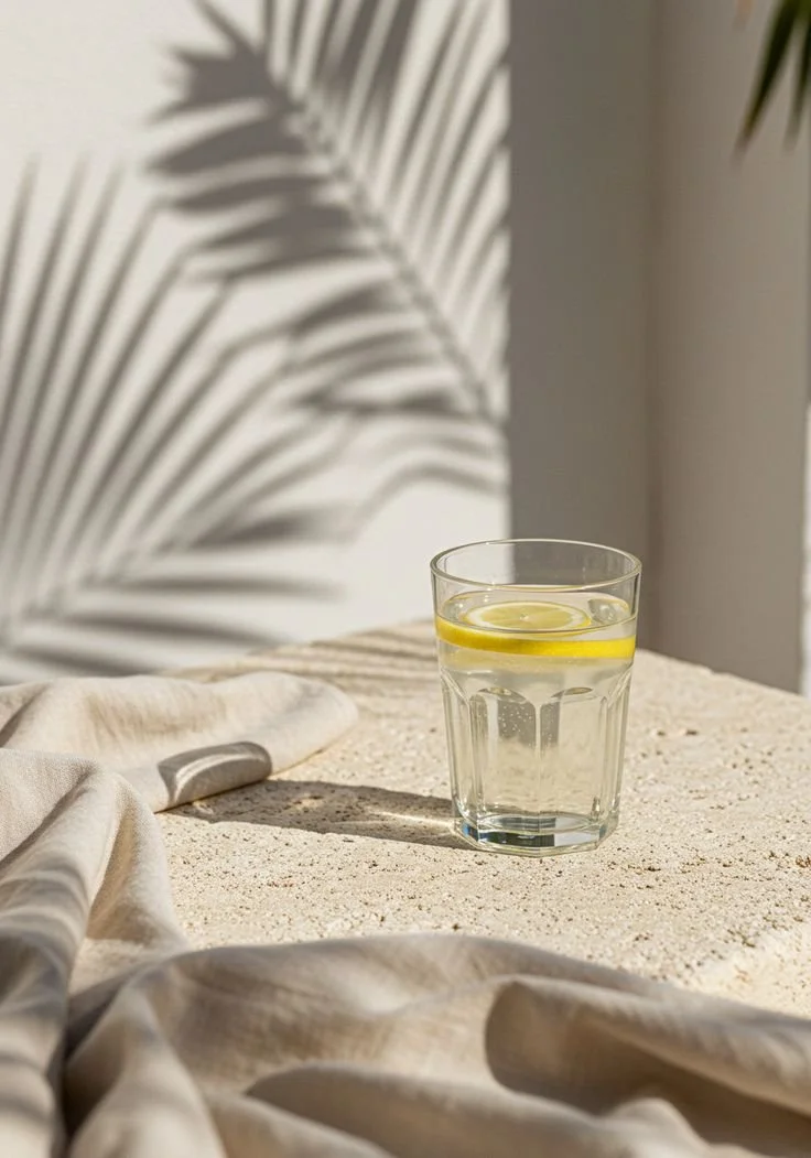 A glass of water with lemon slices on a textured, light-colored surface, with shadows of palm leaves in the background.