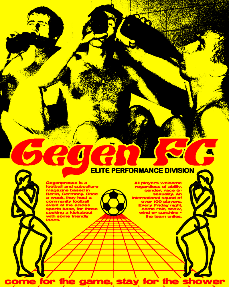 Three men in a shower, with two of them drinking beer and one in the middle holding his head, in a high-contrast yellow and black style. The image is stylized with graffiti-like text, reading "Gegen SC Elite Performance Division" and additional text about a football and subculture magazine.