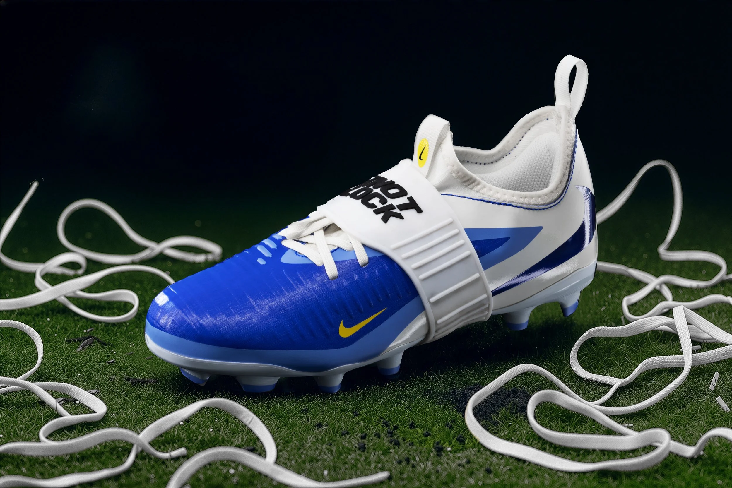 A Nike soccer cleat with white, blue, and yellow accents on a green turf surface, surrounded by white shoelaces