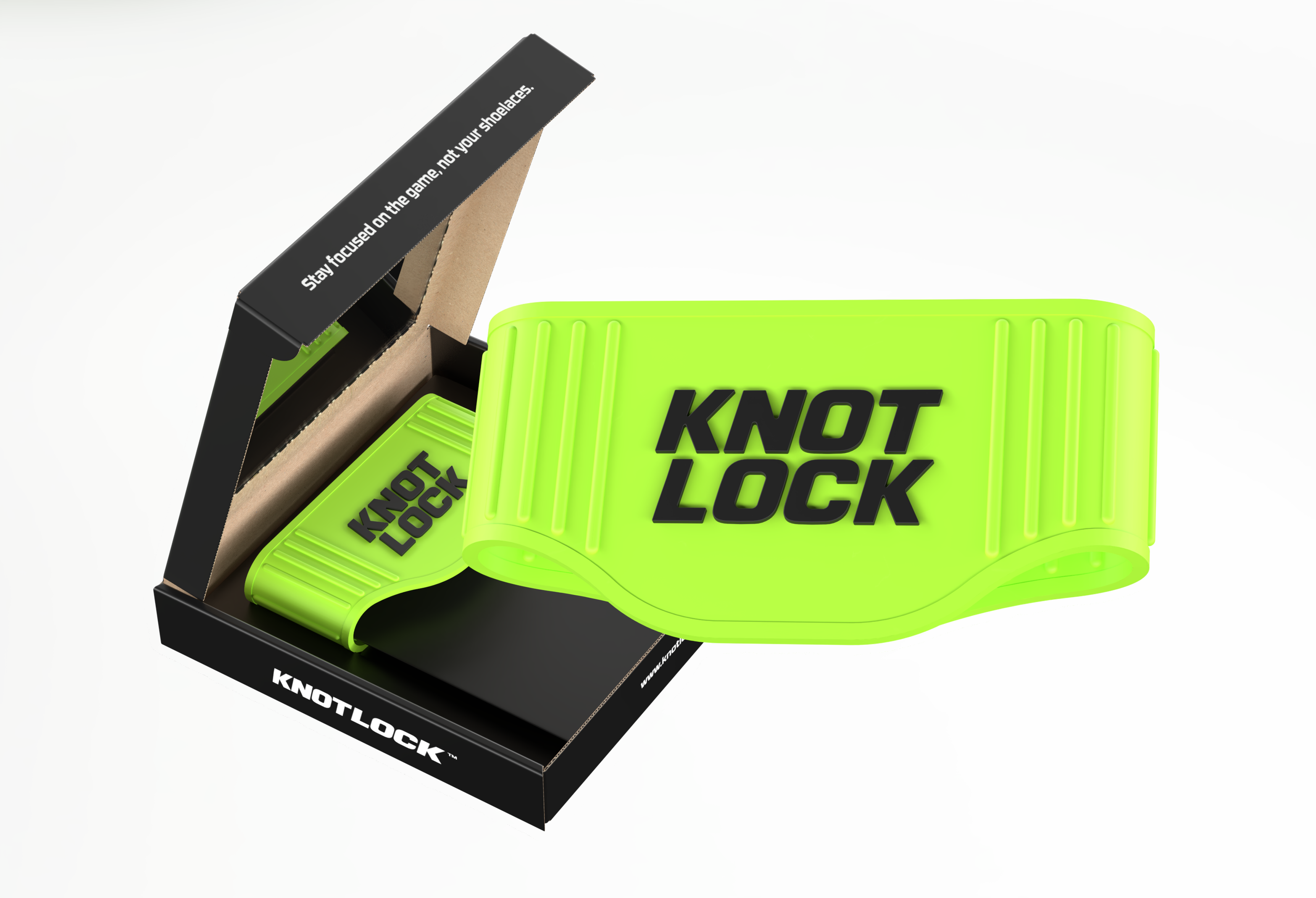 Bright yellow KNOT LOCK strap inside a black box with a lid that reads "Stay focused on the game, not your shoelaces."
