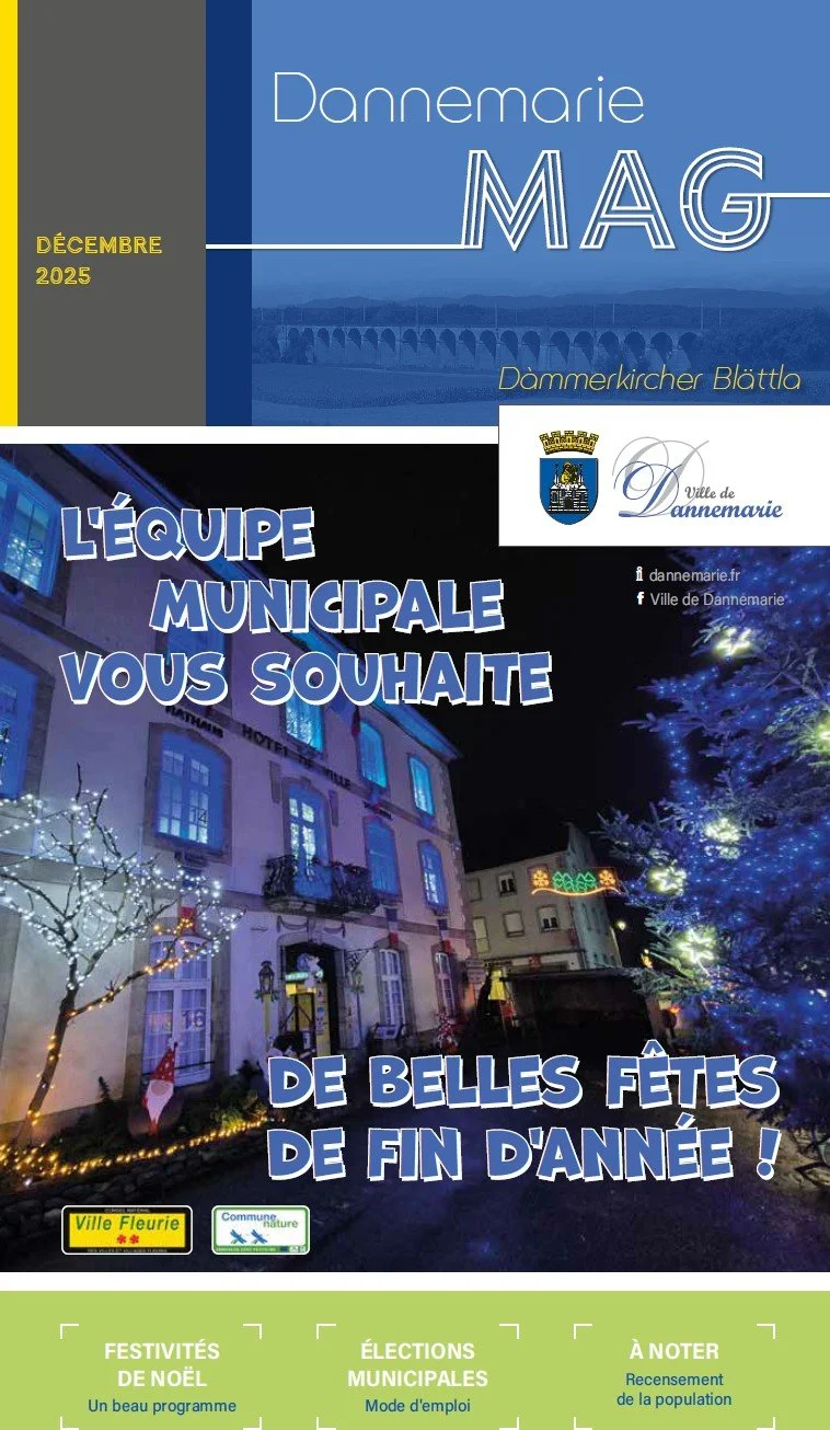 Une affiche de vœux de la ville de Dannemarie avec des décorations de Noël et un message de souhaits pour la fin d'année 2025.